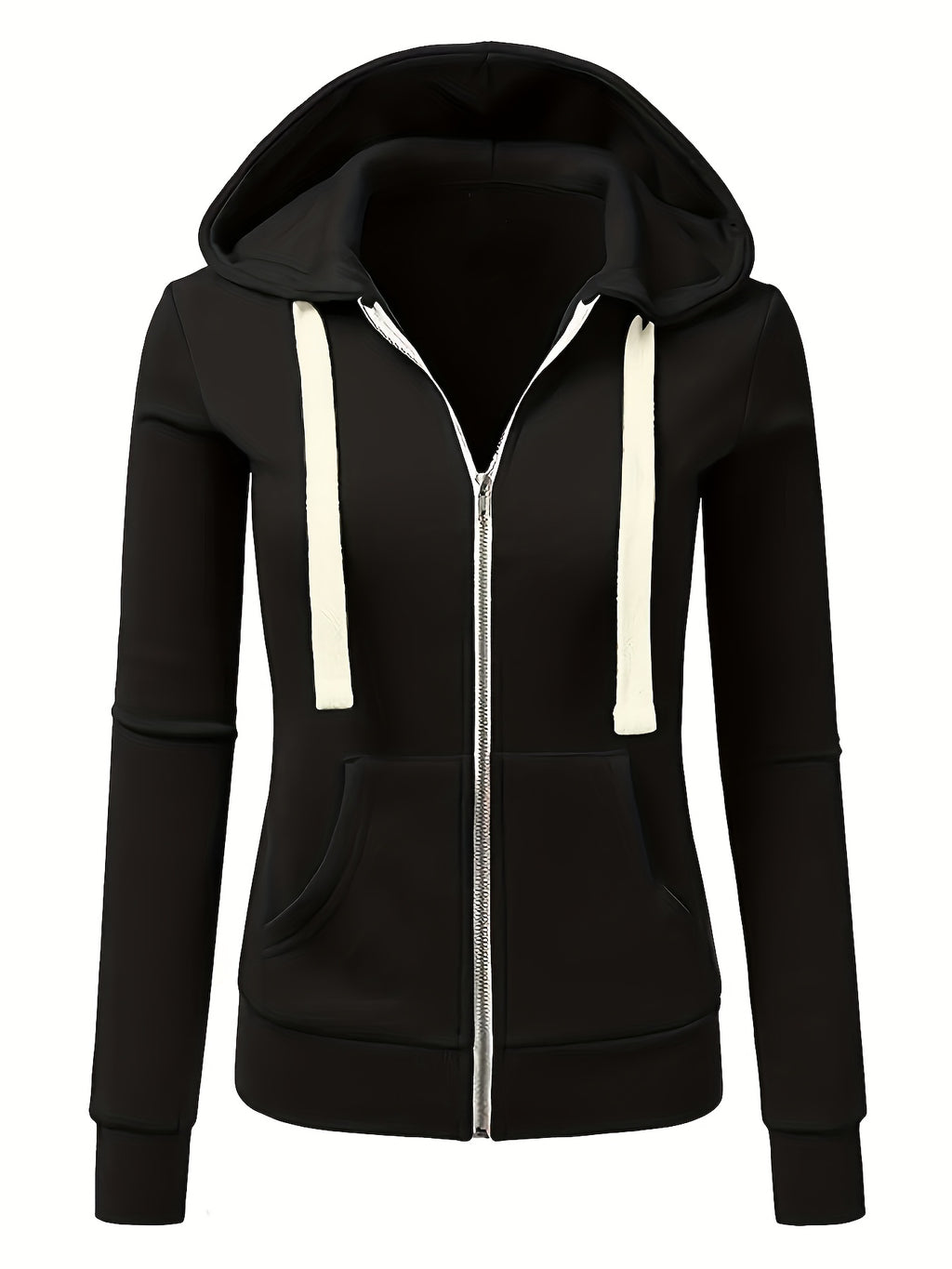 Women's Full-Zip Hoodie - Soft Inner Lining, Front Zipper Closure, Side Pockets - All-Season Casual Outerwear - Machine Washable Women's Jacket (Black/with Accents), Comfortable Clothing, Striped Drawstring Hood, Durable Fabr
