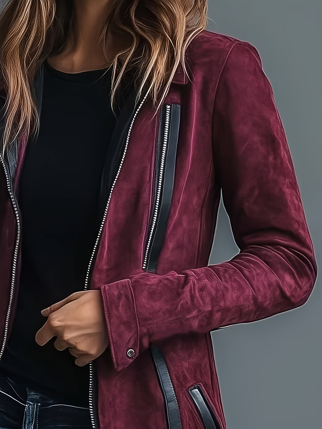 Women's Burgundy Collar Jacket - Retro Notch Coat with Black Piping Trim, Structured Fall Outerwear, Machine Washable Casual to Dressy Blazer for, Parties & Casual Attire (No)
