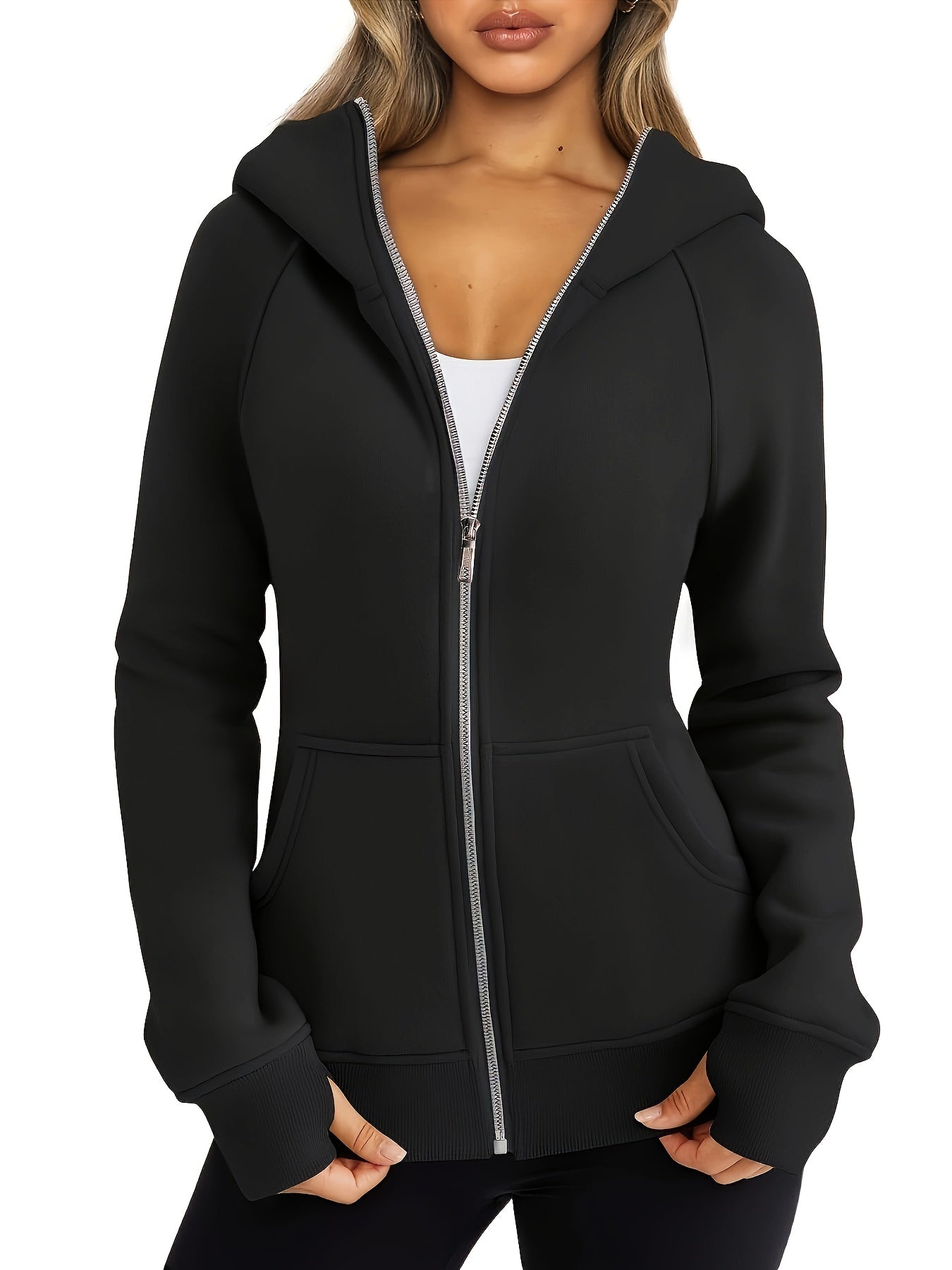 Women'S Casual Hooded Sweatshirt - Black, Long Sleeve, Zip-Up with Pockets, Cozy Fall/Winter Pullover for Casual Attire, Casual Wear Hoodie | Zipup Hoodie | Glossy Finish Fabric