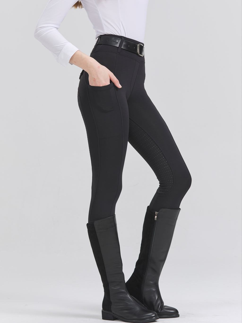 High-Elasticity Brushed Fabric Equestrian Pants with Silicone Grip, All-Season Horse Riding Tights with Pockets, Breathable and Durable