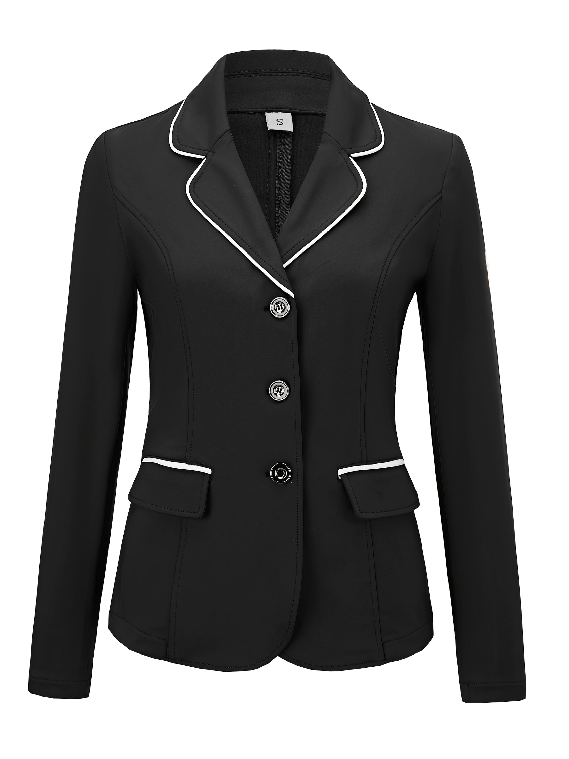 Women's Elegant Equestrian Suit Jacket - Polyester Blend, Spandex-Enhanced, High Stretch, Lapel Collar, Slim Fit, Long Sleeve with Button Details, Woven Color Block Pattern Riding Blazer for All Seasons