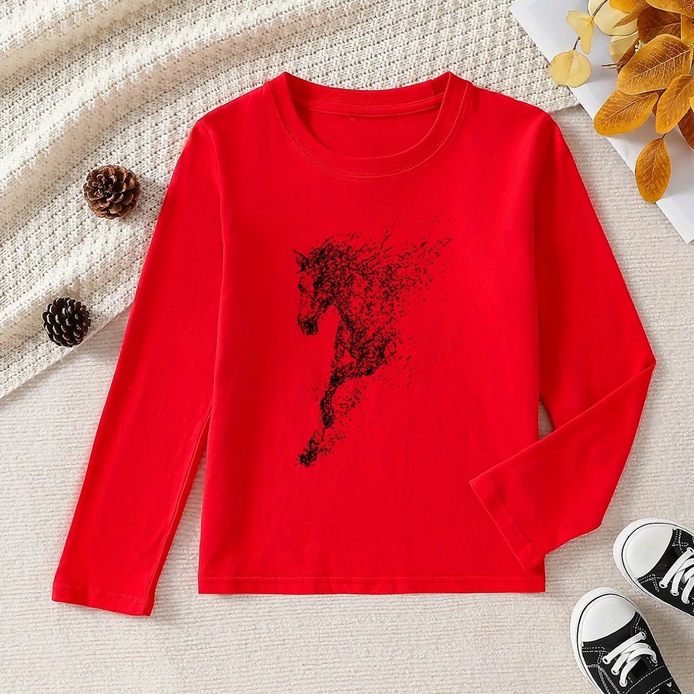 Girls' 100% Cotton Long Sleeve T-Shirt - Soft & Breathable Everyday Top with Horse & Rider Equestrian Print, Round Neck Casual Pink Blouse for Home, Outdoor & Sports | All-Season Comfort, Machine Washable, Ideal for Horseback