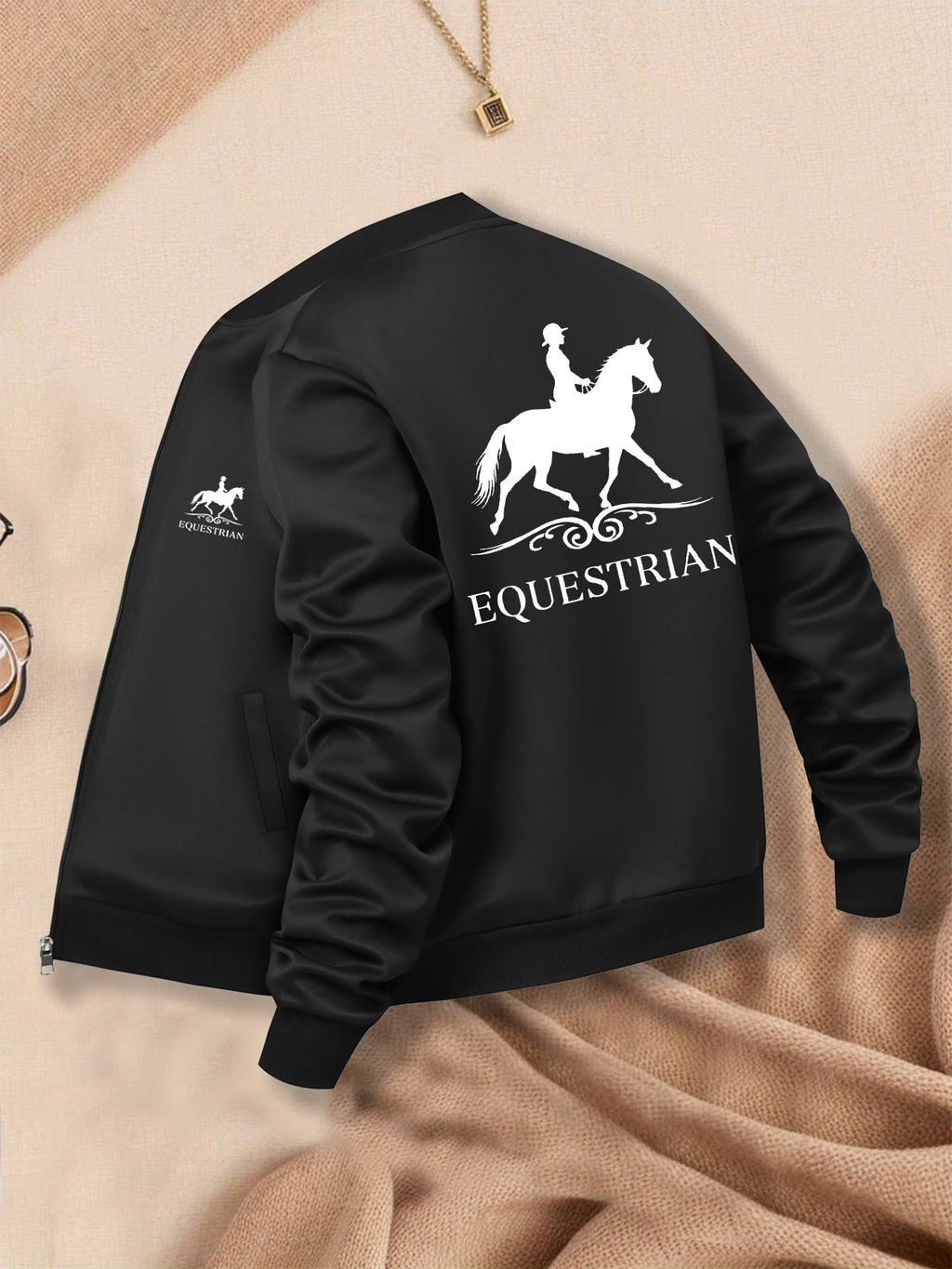 Women's Equestrian Print Casual Jacket - All-Season Comfort with Baseball Collar & Zip-Up Design, Long Sleeve Machine-Washable Coat with Pockets for Outdoor Activities, Equestrian Apparel, Durable Zipper Closure