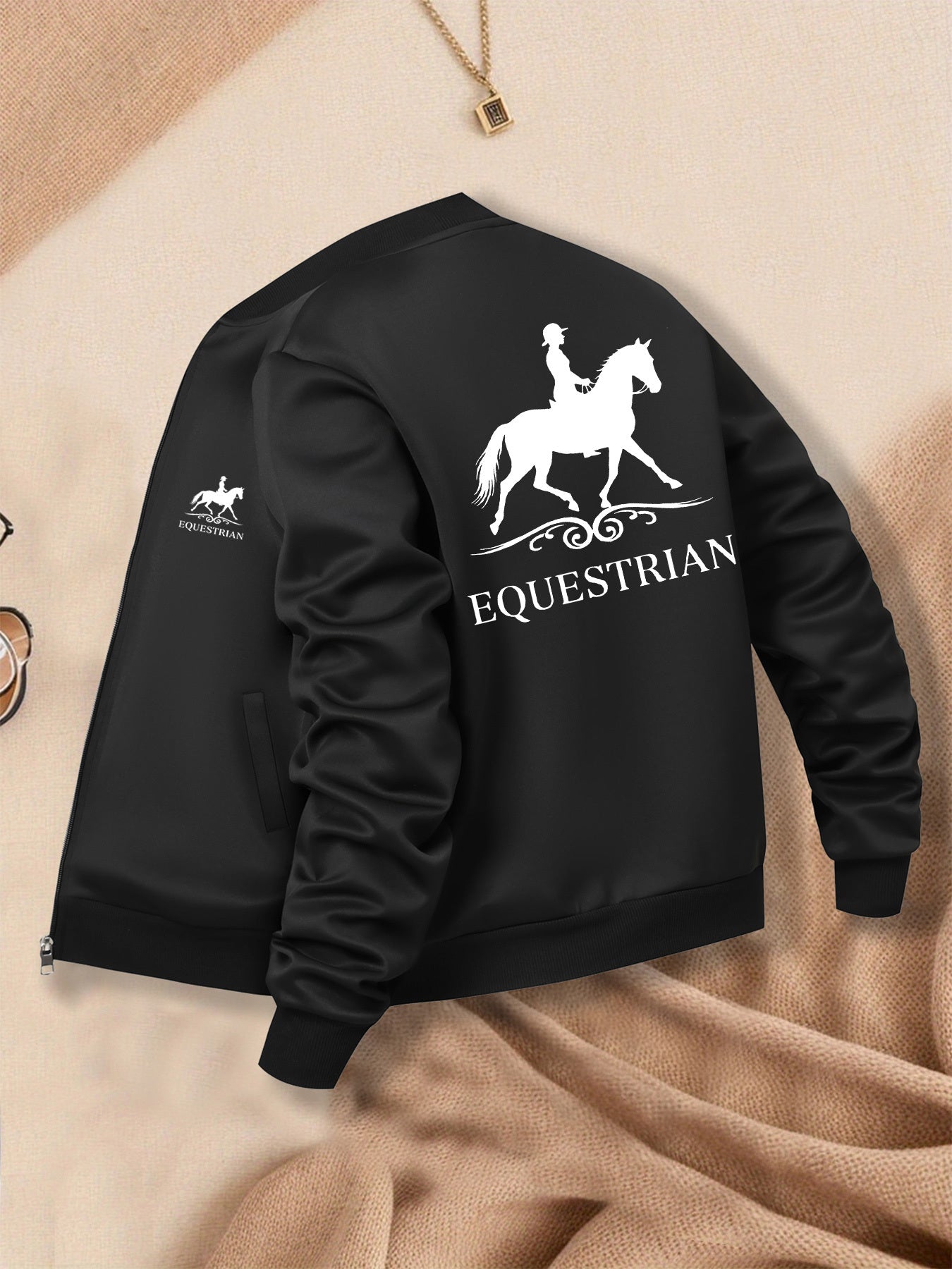 Women's Equestrian Print Casual Jacket - All-Season Comfort with Baseball Collar & Zip-Up Design, Long Sleeve Machine-Washable Coat with Pockets for Outdoor Activities, Equestrian Apparel, Durable Zipper Closure