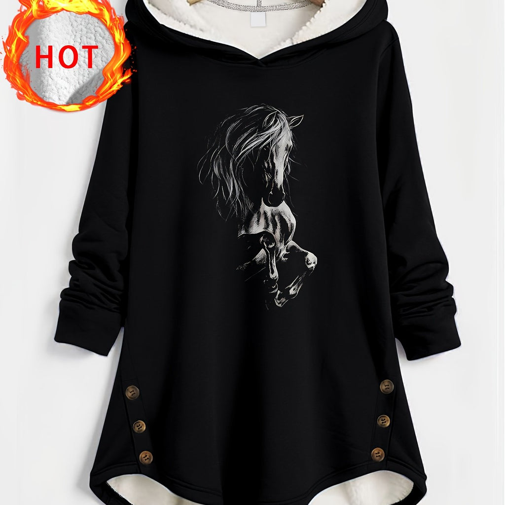 Women'S Cozy Black Hooded Sweatshirt with Horse Print - Warm Fleece-Lined Hood, Button Details, Drawstring, Perfect for Fall & Winter, Casual Style, Casual Wear Hoodie|Horse Print Hoodie|Fleece Lined Hoodie