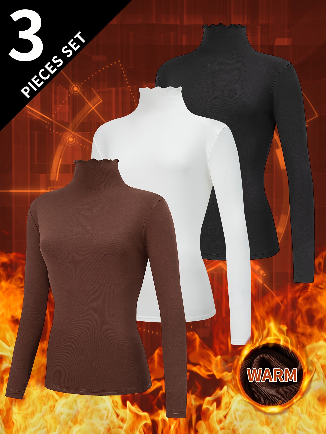 3pcs Women's Thermal Long Sleeve High Neck Tops - Stretchy Lace Collar Layering Shirts, Slim-Fit Winter Base Layers in Black/White/Grey | Soft Warmth for Casual & Formal Outfits, Hand Washable High-Elastic Fabric