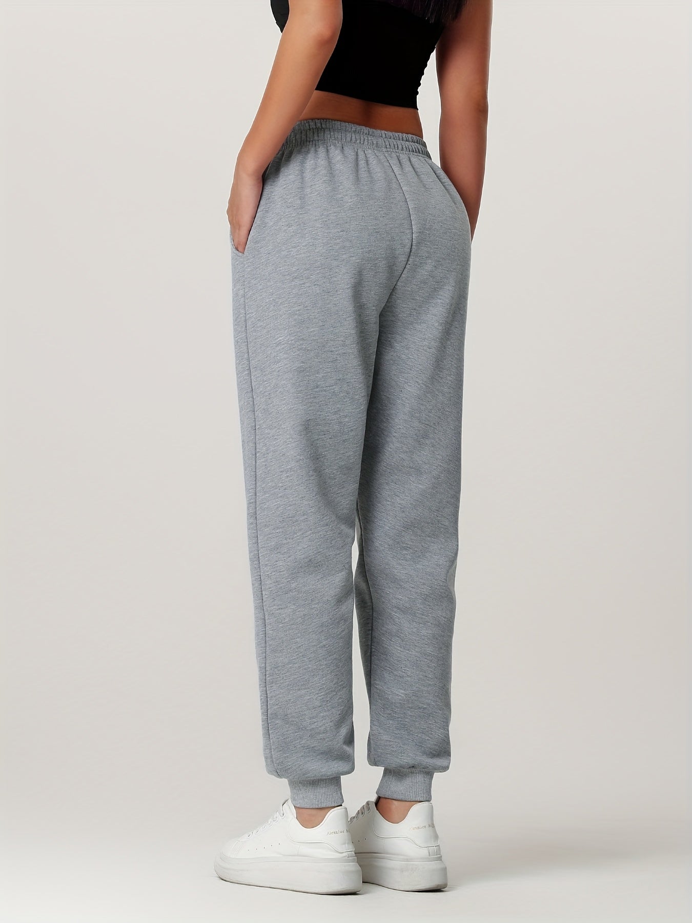 1pc Autumn Winter Women's Long Pants, Fleece-Lined Warm Casual Sports Trousers with Elastic Drawstring Waist, Slant Pockets, Windproof Thermal Cuffed Pants for Winter Daily Home Outing Hiking Leisure Wear