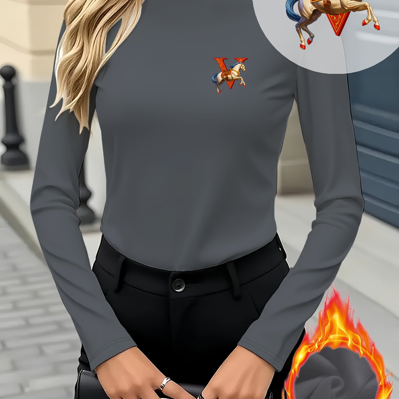 Women's Elegant Half-Turtleneck Long Sleeve Shirt with Royal V-Mark Equestrian Print - Soft Stretch German Fleece-like Fabric, Warm Winter Top for Casual & Formal Outfits, Horseback Riding Motif & Letter V Design, Versatile L
