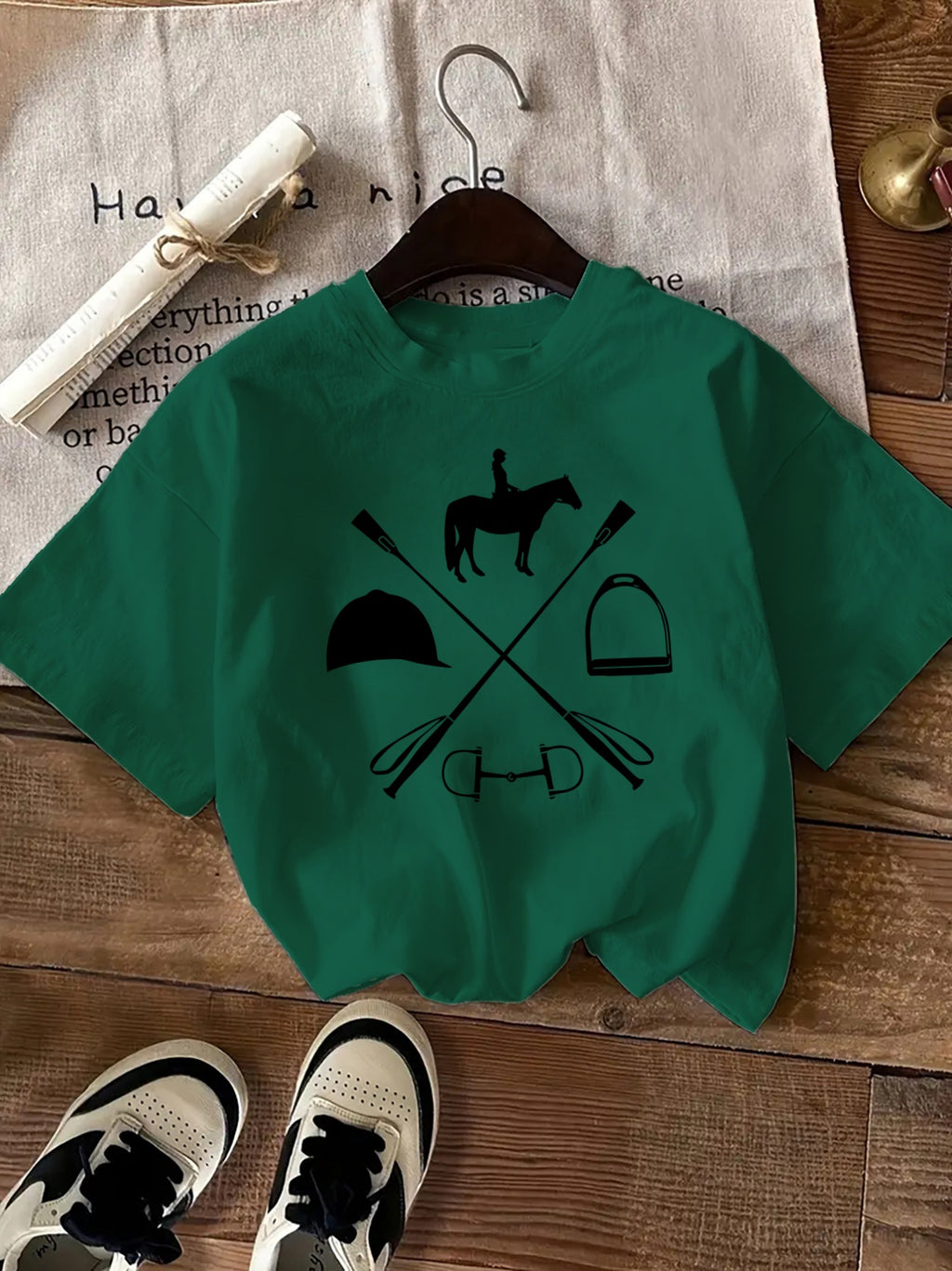 Women's Equestrian & Geometric Print Short Sleeve Crew Neck T-Shirt - Vibrant Red with Black Horseback Riding Design, Breathable Machine-Washable Casual Top for Summer, Spring & All-Season Wear, Horse Shirt, Summer Fashion, S