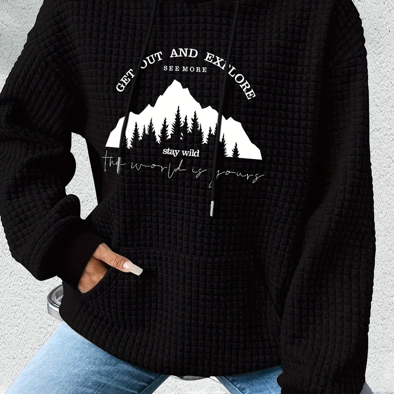 graphic print hoodie, drawstring casual hooded sweatshirt for winter & fall, Women's clothing, Loungewear, Winter Fashion, Urban Style, Geometric Pattern, Cozy Fabric, Quality Stitching, Unisex Style, Printed Hoodie, Women's