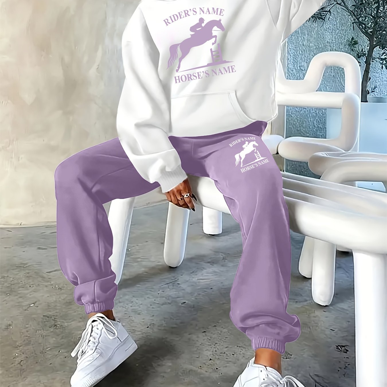 2025 Autumn/Winter New Arrival, Rider and Horse Pattern, Casual Letter Print Loose Warm Long Sleeve Hooded Sweatshirt and Drawstring Pants Women'S Two-Piece Set, Winter Clothing, Casual Wear, Trendy Outfit, Hooded Sweatshirt,