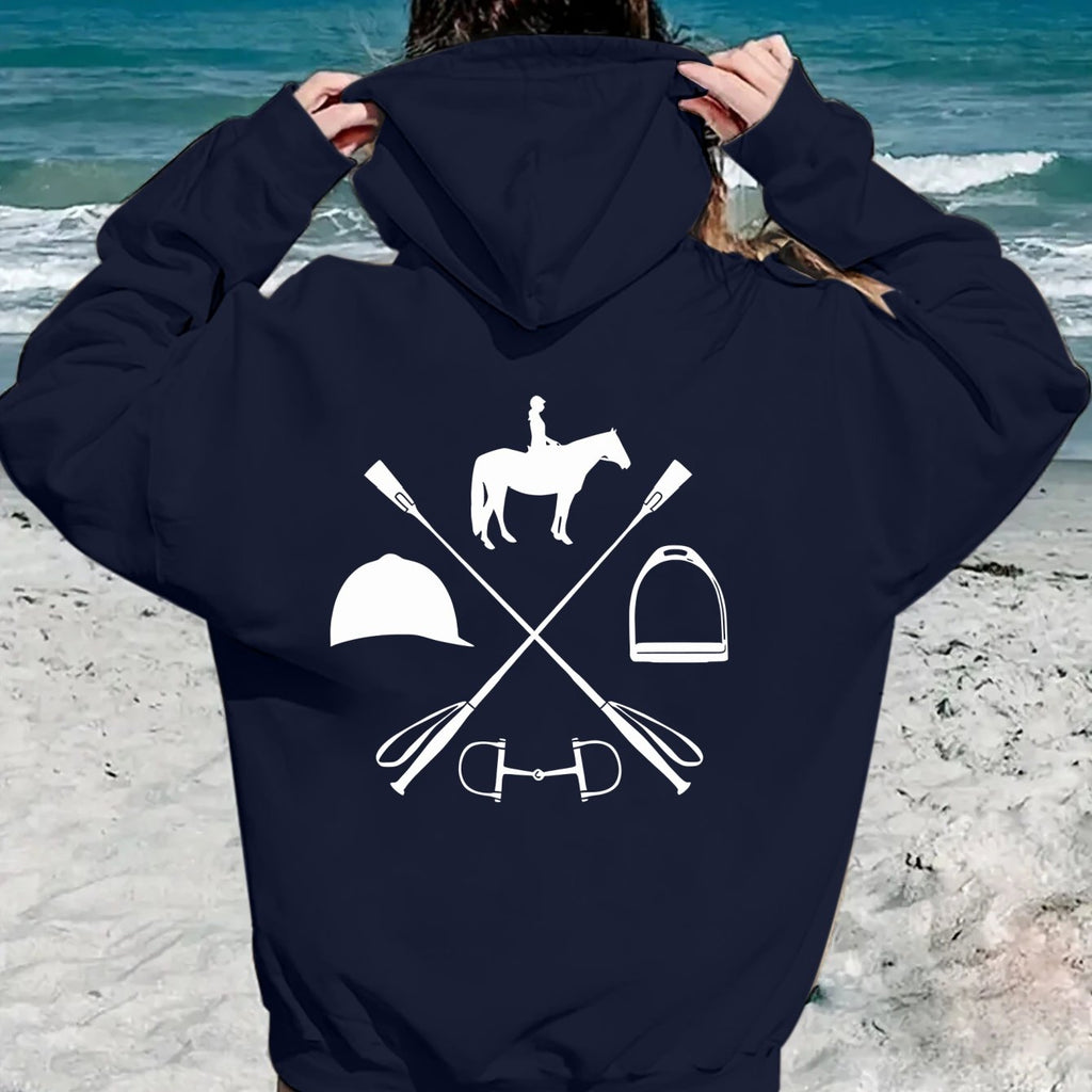 Women's Hooded Sweatshirt - Japanese Horseback Riding Design with Horse & Jockey Print, Soft Loose-Fit Pullover, Machine Washable All-Season Casual Sweater for Horse Riding & Casual Attire (Pockets, Long Sleeve) - Ideal for E