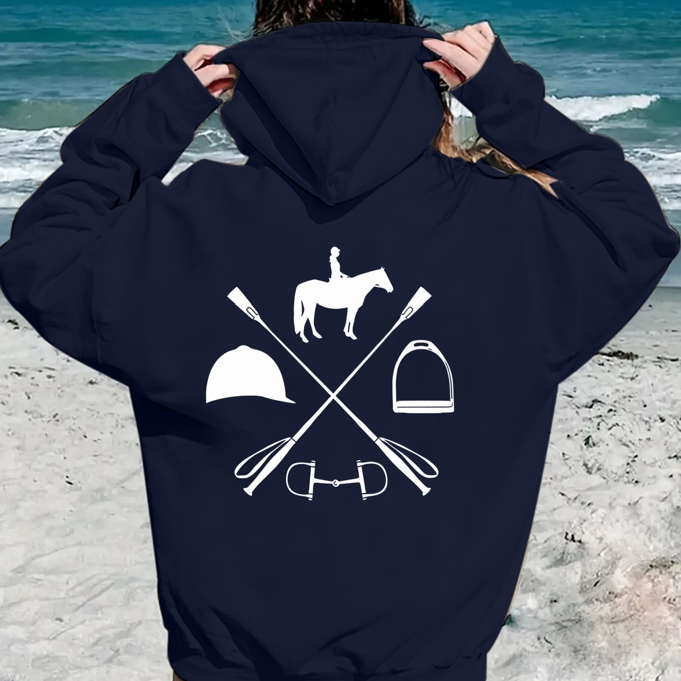 Women's Hooded Sweatshirt - Japanese Horseback Riding Design with Horse & Jockey Print, Soft Loose-Fit Pullover, Machine Washable All-Season Casual Sweater for Horse Riding & Casual Attire (Pockets, Long Sleeve) - Ideal for E
