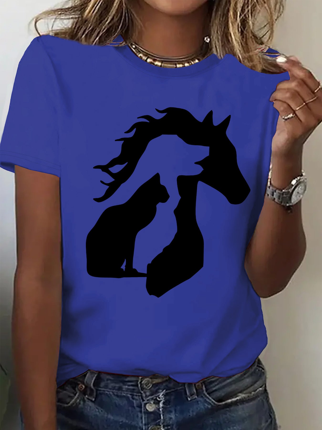 Women'S Casual Crew Neck T-Shirt with Unique Horse and Cat Silhouette Graphic, Short Sleeve Polyester Tee for Casual Attire, Allseason Top | Trendy Casual Style | Comfortable Fi
