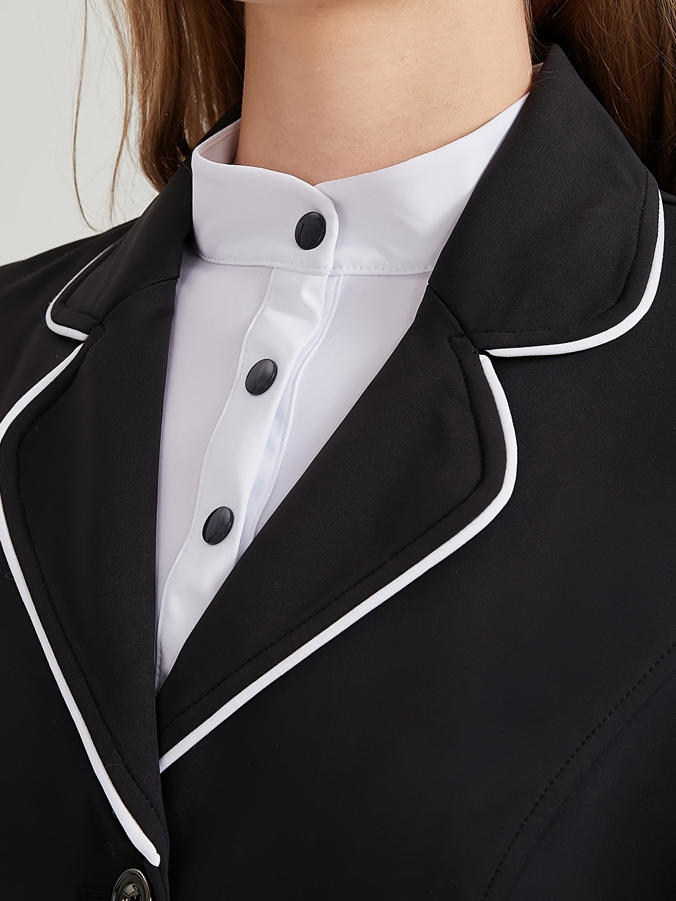 Women's Elegant Equestrian Suit Jacket - Polyester Blend, Spandex-Enhanced, High Stretch, Lapel Collar, Slim Fit, Long Sleeve with Button Details, Woven Color Block Pattern Riding Blazer for All Seasons