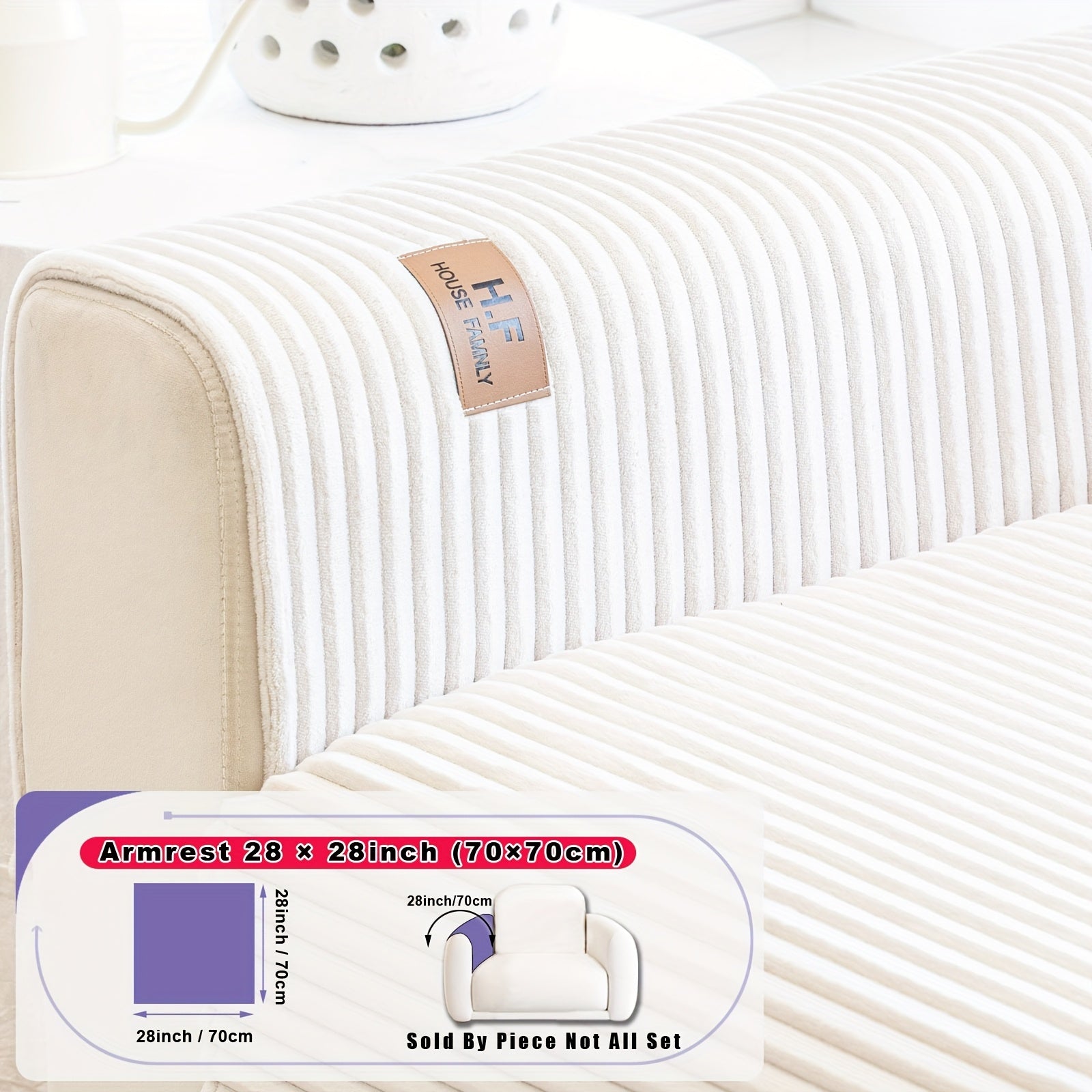 1pc HF Modern Plush Flannel Sofa Cushion Cover - Pet-Friendly Non-Slip Sofa Protector with Striped Design & Leather-Like Patches, Machine Washable Furniture Cover for 3/2/4-Seater, Living Room, Bedroom, Office Decor, Bedroom