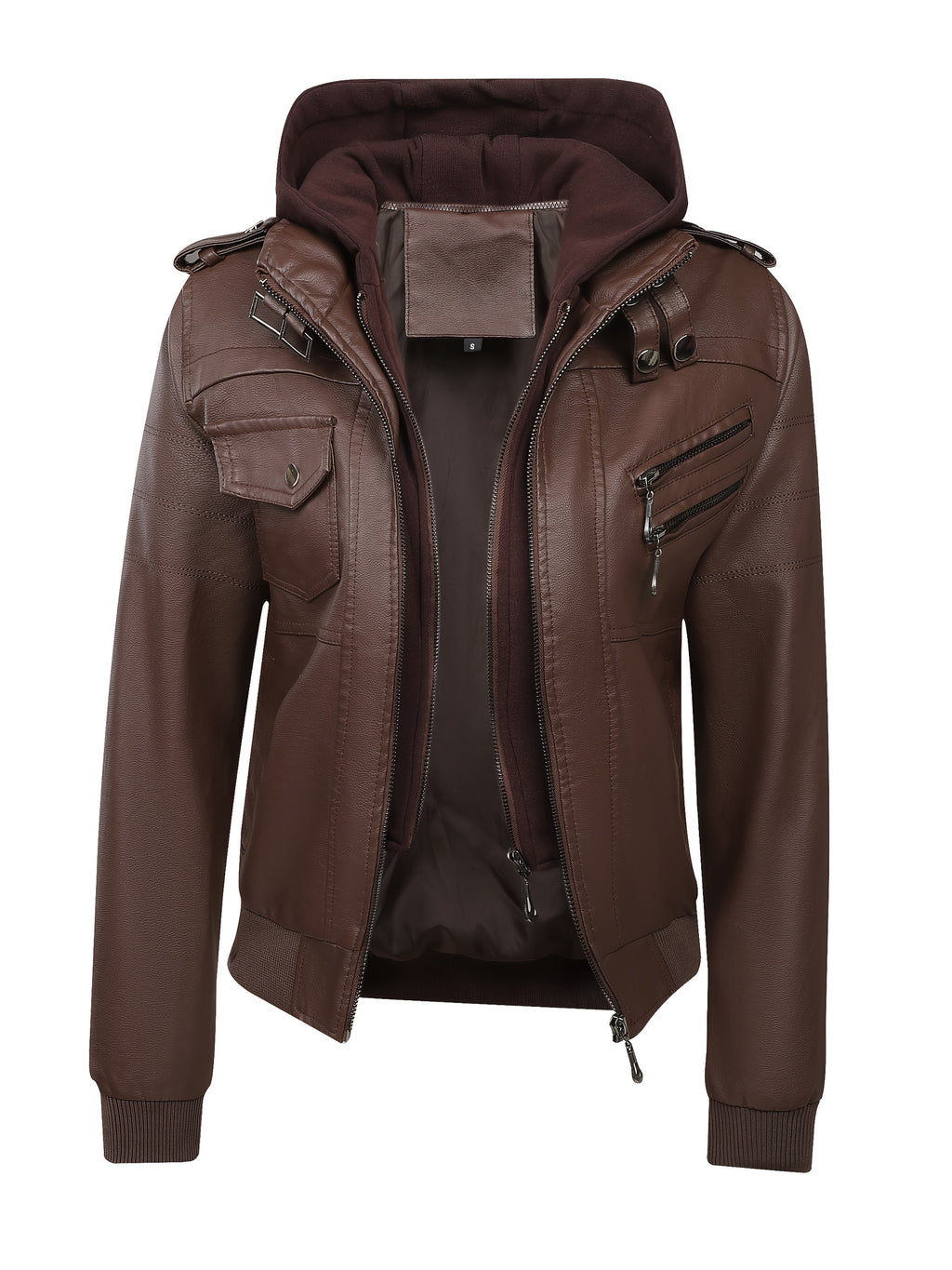 PUPU Women's Retro Leather Jacket - Black Long Sleeve Zipper Front Jacket with Pockets, Machine Washable Casual Outerwear for All Seasons