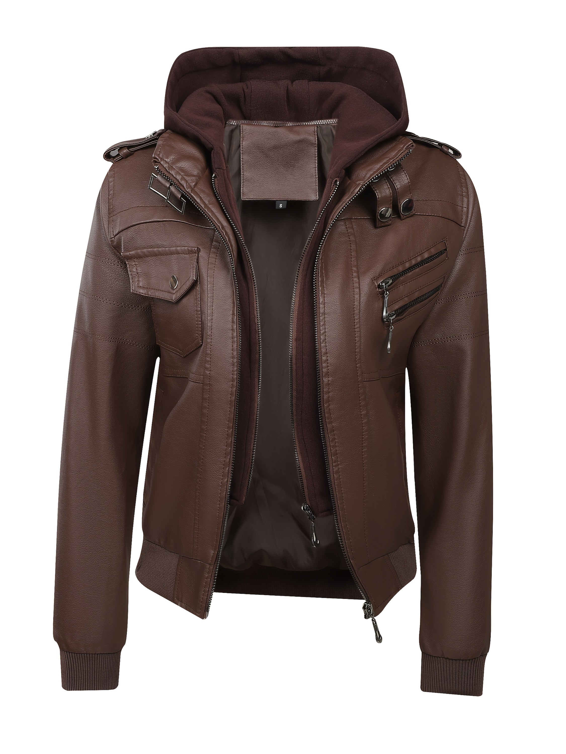 PUPU Women's Retro Leather Jacket - Black Long Sleeve Zipper Front Jacket with Pockets, Machine Washable Casual Outerwear for All Seasons