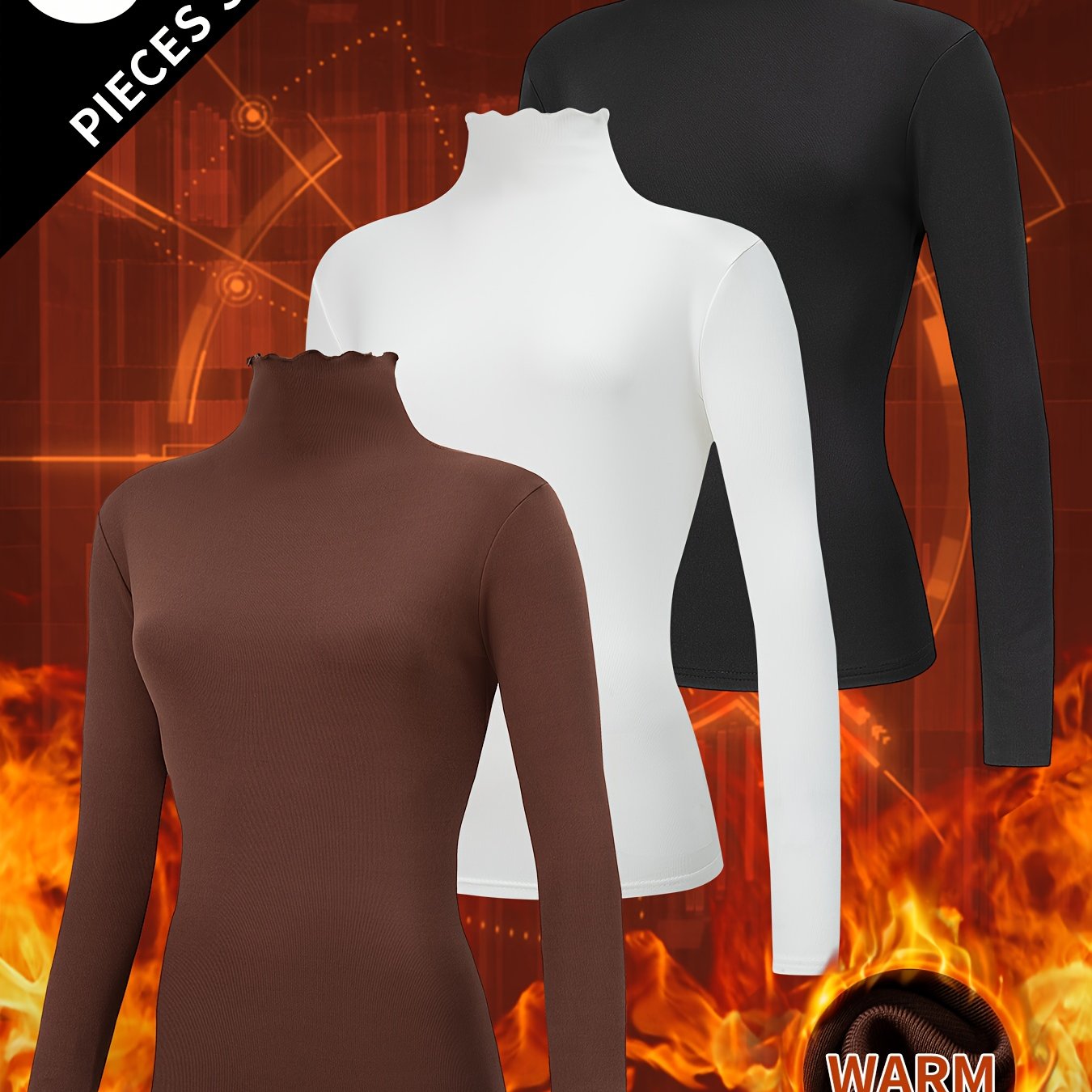 3pcs Women's Thermal Long Sleeve High Neck Tops - Stretchy Lace Collar Layering Shirts, Slim-Fit Winter Base Layers in Black/White/Grey | Soft Warmth for Casual & Formal Outfits, Hand Washable High-Elastic Fabric