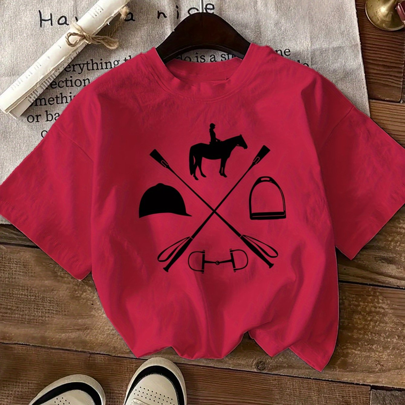 Women's Equestrian & Geometric Print Short Sleeve Crew Neck T-Shirt - Vibrant Red with Black Horseback Riding Design, Breathable Machine-Washable Casual Top for Summer, Spring & All-Season Wear, Horse Shirt, Summer Fashion, S