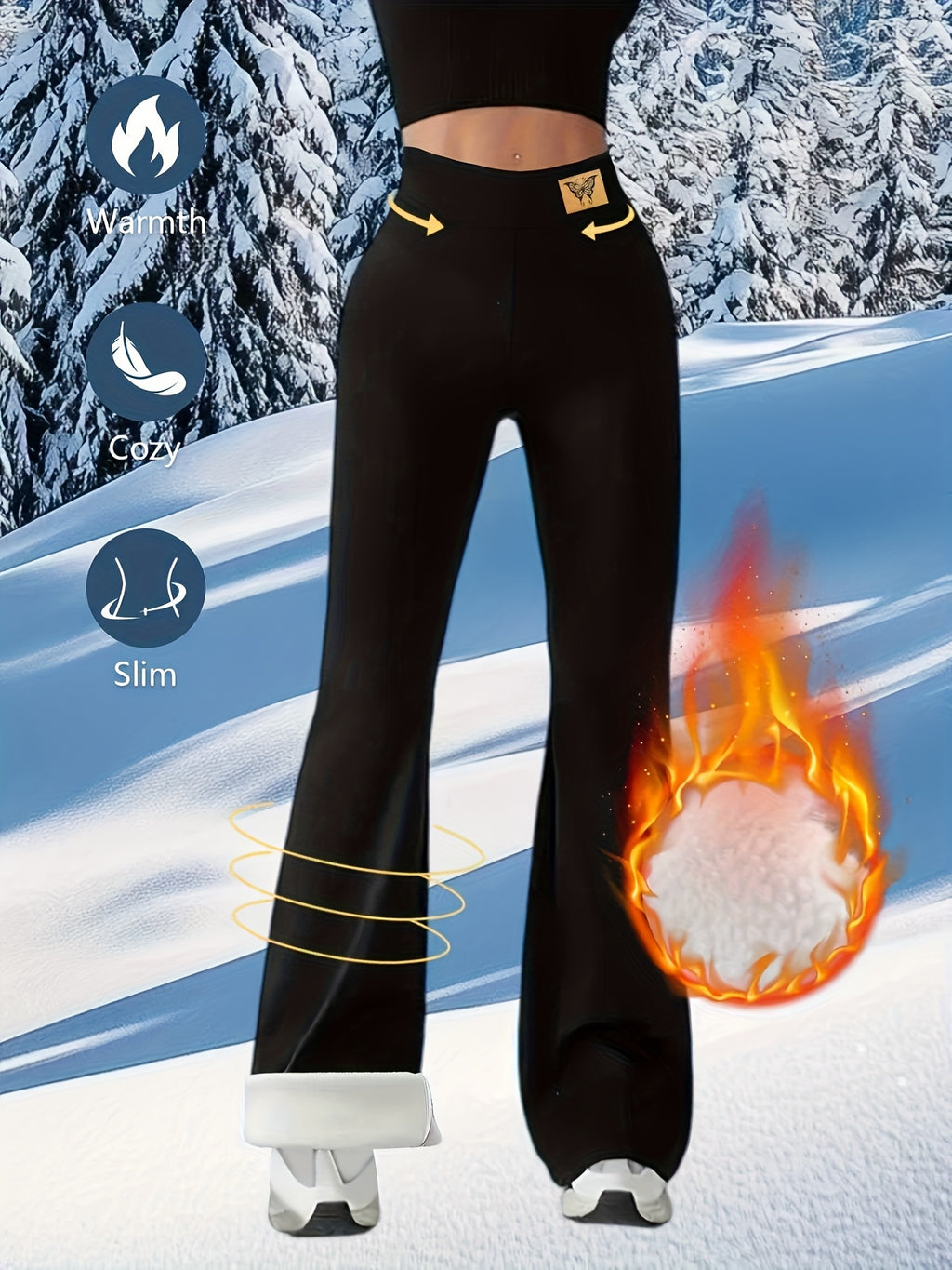 Women's Thermal Leg Warmth Winter & Fall High-Waisted Wide-Leg Pants - Thermal Insulating Tights with Belt Loop, Thickened Leg Warmth for Cold Weather, Solid Black Jumbo Length Pants for Layering & Floor, Hand Washable (No Dr