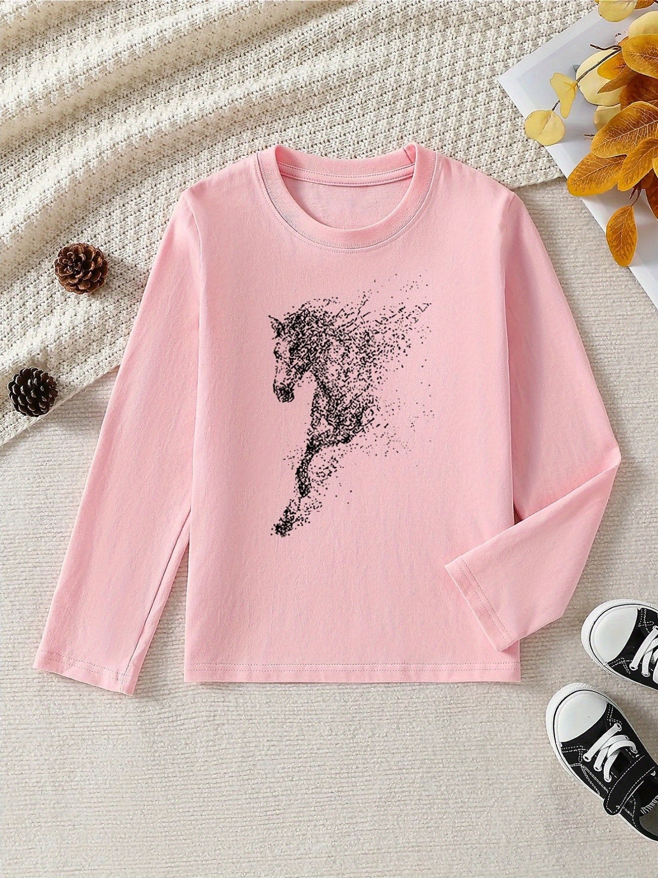 Girls' 100% Cotton Long Sleeve T-Shirt - Soft & Breathable Everyday Top with Horse & Rider Equestrian Print, Round Neck Casual Pink Blouse for Home, Outdoor & Sports | All-Season Comfort, Machine Washable, Ideal for Horseback