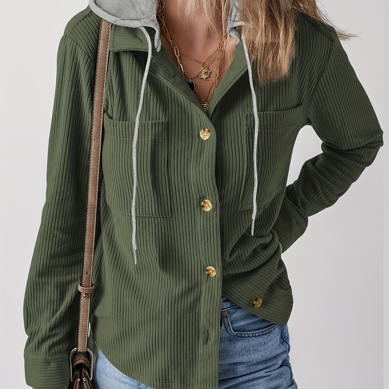 Women'S Casual Long Sleeve Hooded Jacket - Solid Color Black, Button-Up Front, Cozy Fall/Winter Outerwear with Drawstring Hood, Buttoned Cuffs, and Chest Pockets, Casual Wear Hoodie | Minimalist Fashion | Functional Pockets