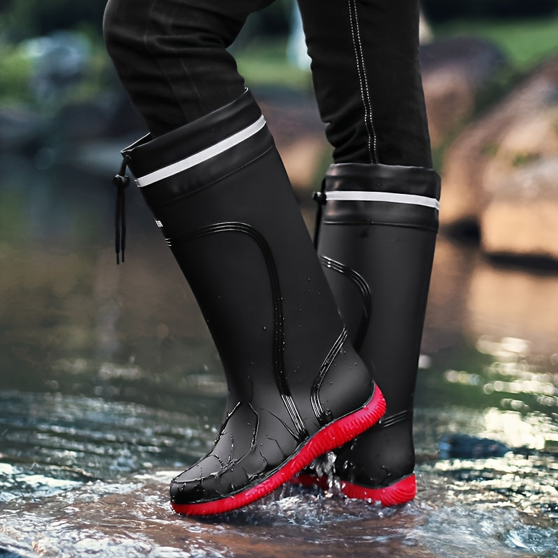 Stivali da Pioggia Unisex in PVC - Neri con Dettagli Rossi e Lati Elastici