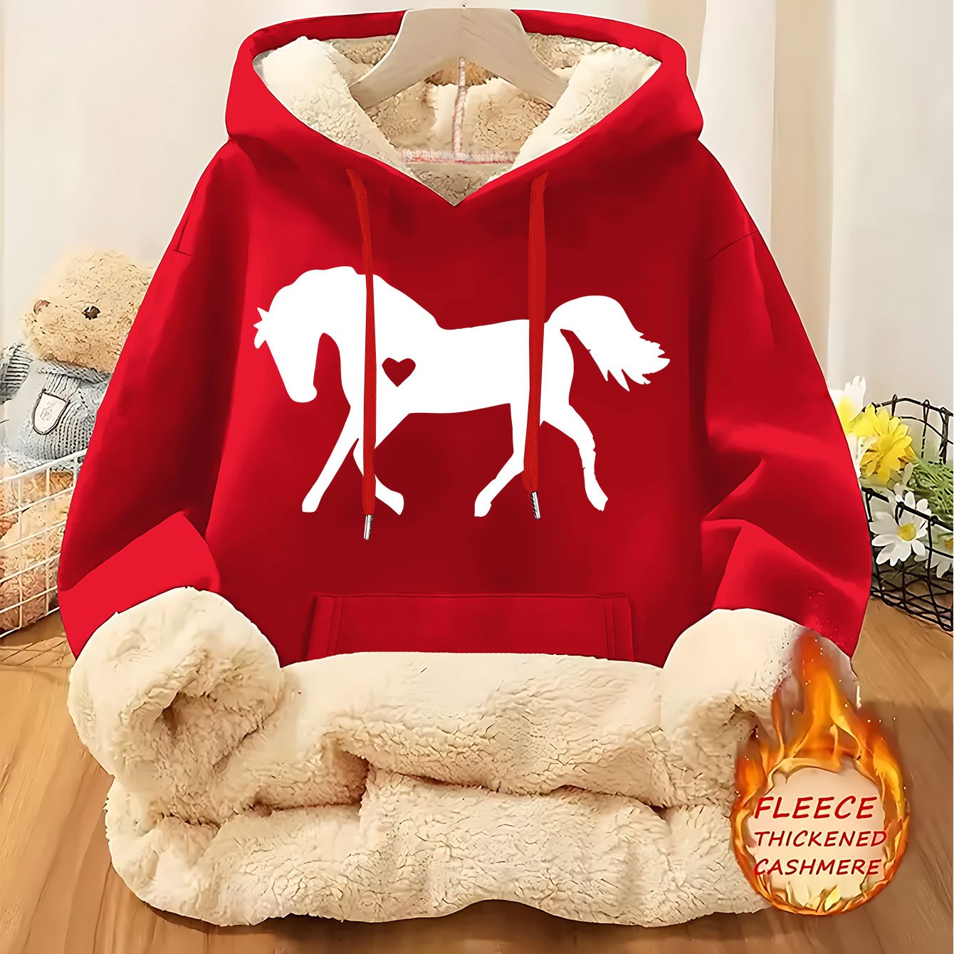 Women's Horse Print Hoodie Jacket - Pocket & Adjustable Hood, Cozy Winter Warm Pullover, Casual Long Sleeve Sizes XS-XXL (Machine Washable) - Fall & Winter Outerwear for Horseback Riding & Casual Attire