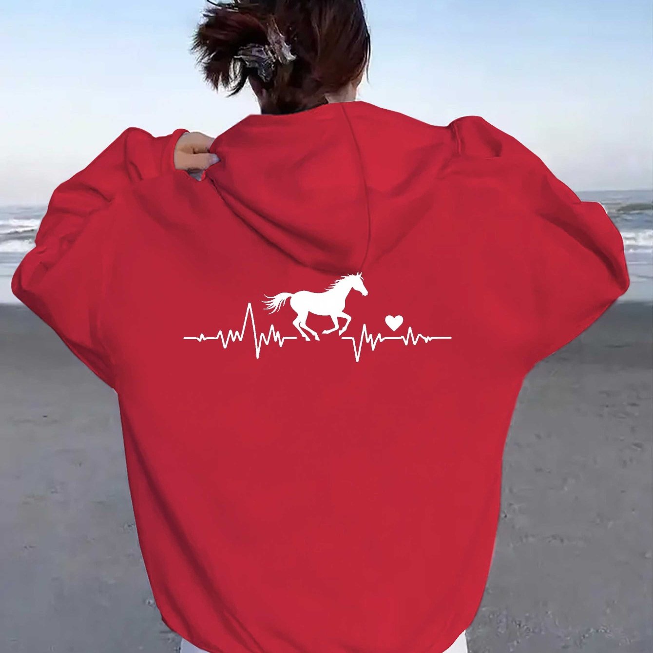 teediy Women'S Horse Heartbeat Minimalist Line Hooded Sweatshirt - Elegant Horse & Heartbeat Design, Long Sleeve Casual Pullover with Pockets