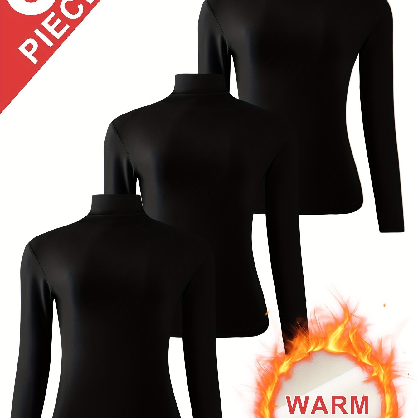 [3pcs Women'S Thermal Base Layer Tops] 3-Pack Women'S Thermal Base Layer Tops, Polyester Knit Warm Half-Turtleneck Shirts for Autumn and Winter
