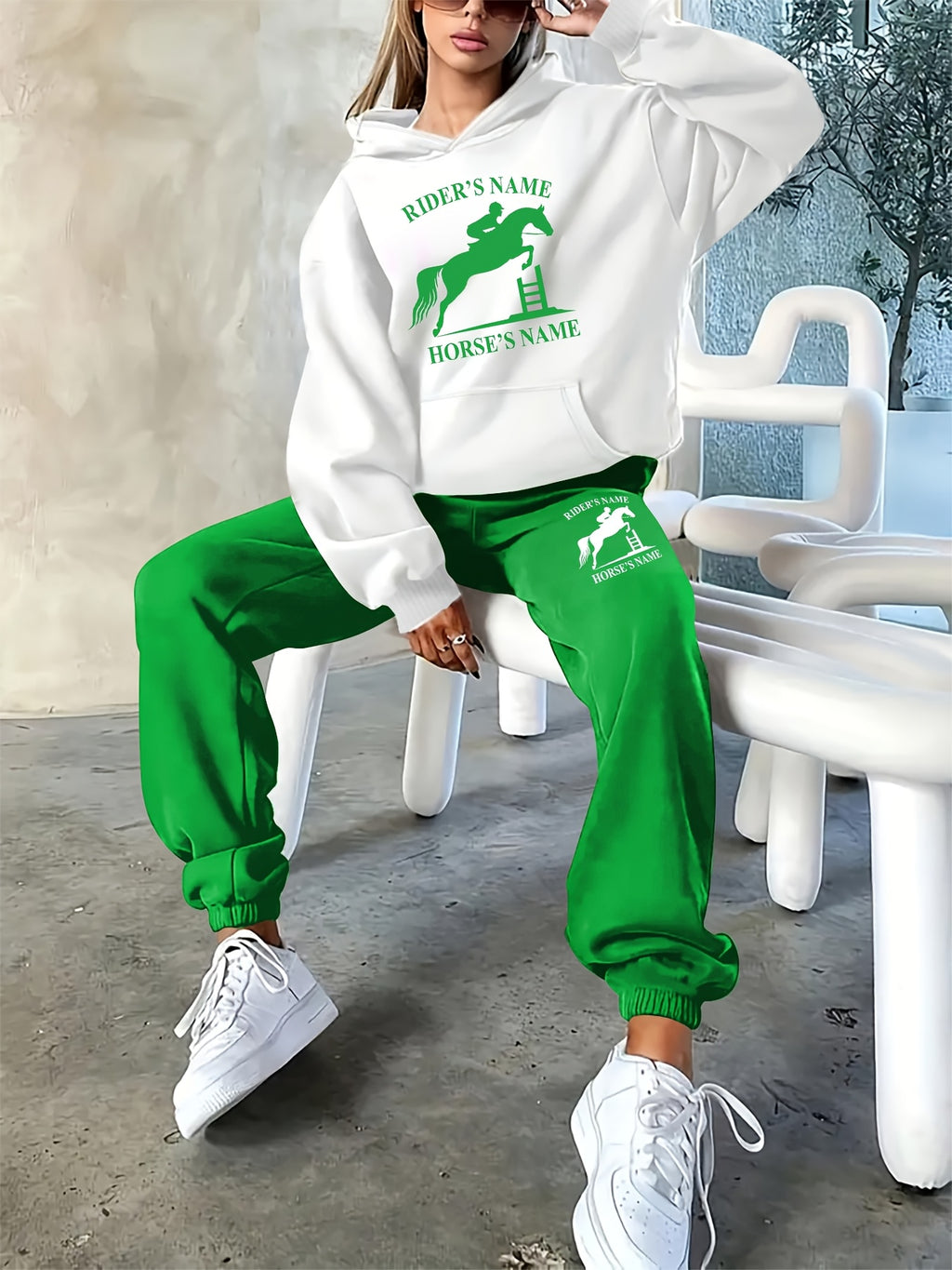 2025 Autumn/Winter New Arrival, Rider and Horse Pattern, Casual Letter Print Loose Warm Long Sleeve Hooded Sweatshirt and Drawstring Pants Women'S Two-Piece Set, Winter Clothing, Casual Wear, Trendy Outfit, Hooded Sweatshirt,