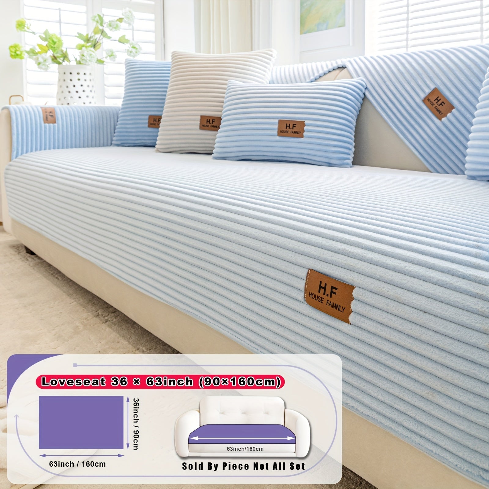 1pc HF Modern Plush Flannel Sofa Cushion Cover - Pet-Friendly Non-Slip Sofa Protector with Striped Design & Leather-Like Patches, Machine Washable Furniture Cover for 3/2/4-Seater, Living Room, Bedroom, Office Decor, Bedroom
