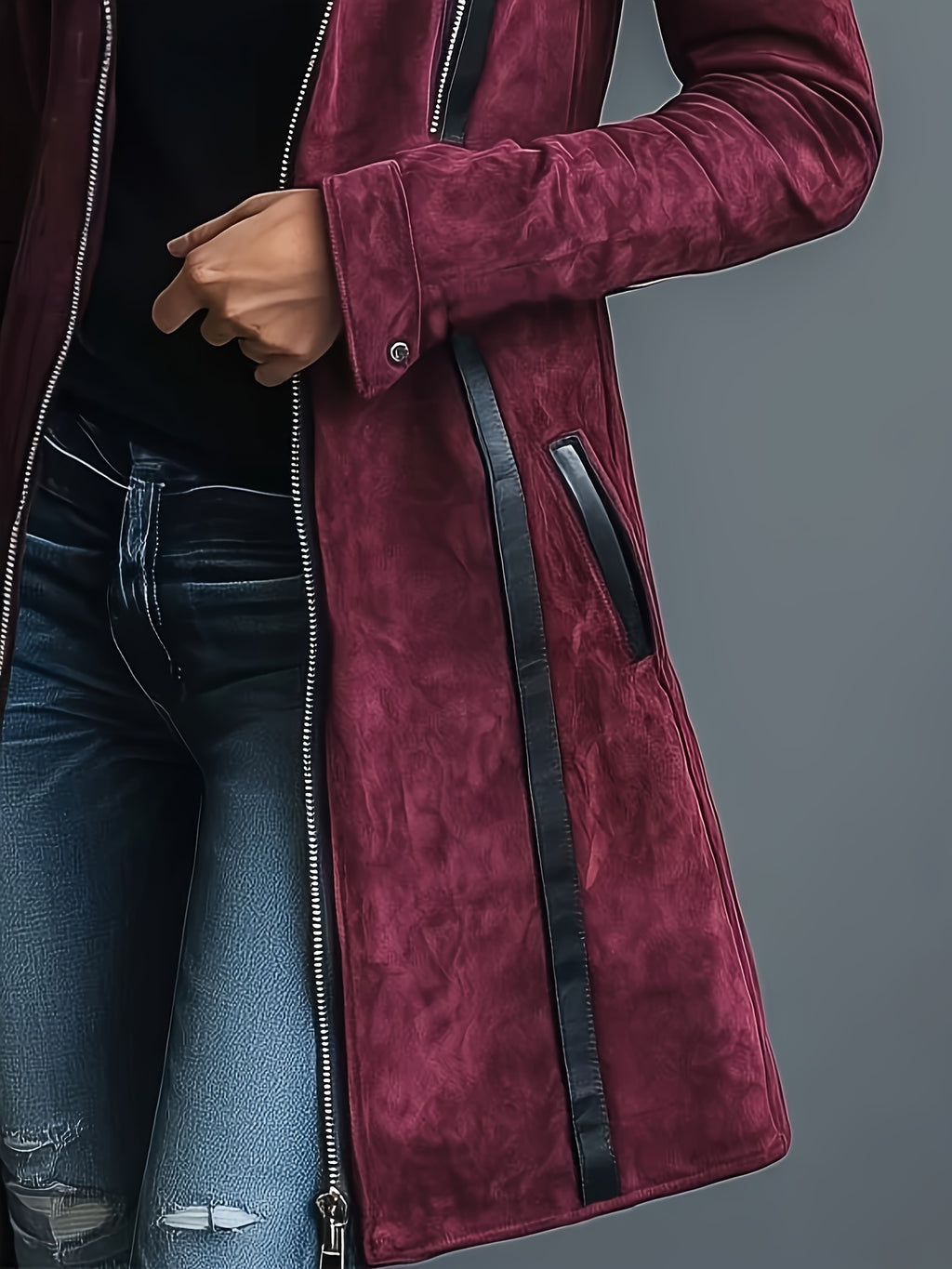 Women's Burgundy Collar Jacket - Retro Notch Coat with Black Piping Trim, Structured Fall Outerwear, Machine Washable Casual to Dressy Blazer for, Parties & Casual Attire (No)