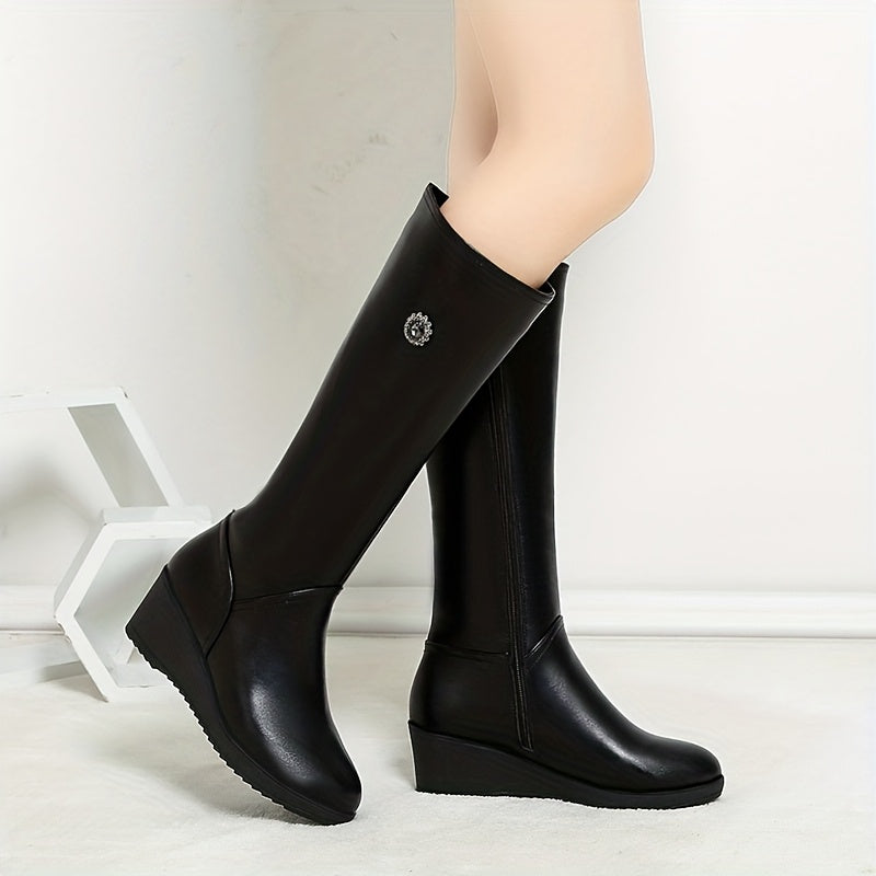 Stivali Donna Platform Invernali al Ginocchio - Neri con Tacco Chunky e Zip