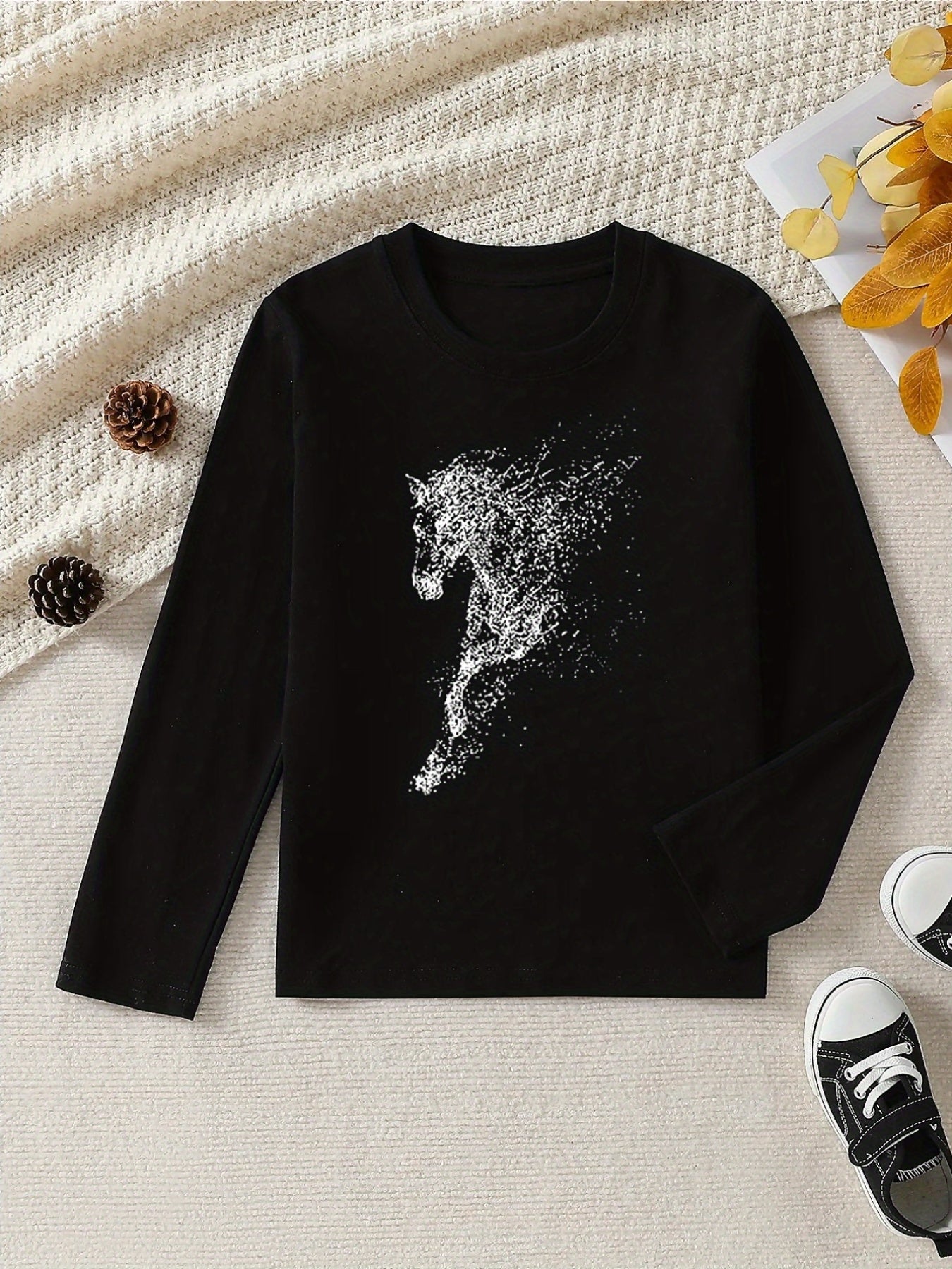 Girls' 100% Cotton Long Sleeve T-Shirt - Soft & Breathable Everyday Top with Horse & Rider Equestrian Print, Round Neck Casual Pink Blouse for Home, Outdoor & Sports | All-Season Comfort, Machine Washable, Ideal for Horseback