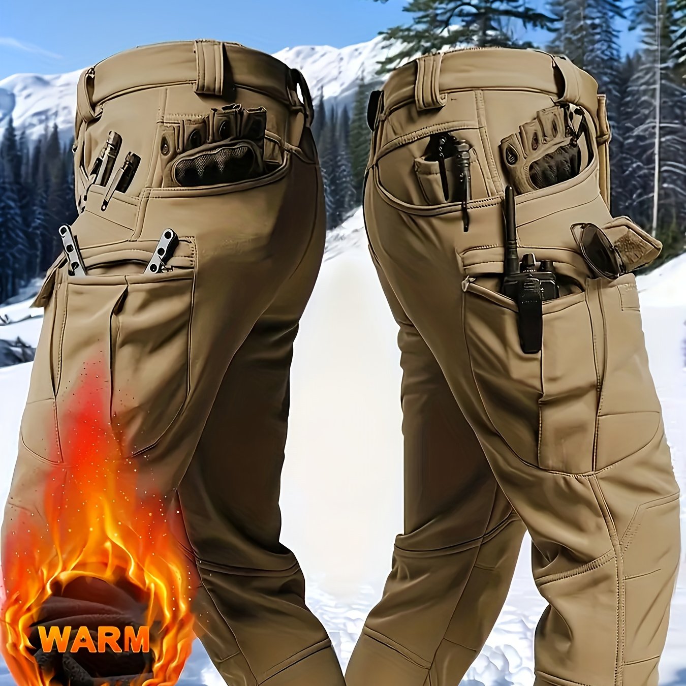 1pc Men's Fleece-Lined Warm Tactical Cargo Pants, Winter Thickened Style with Multiple Front and Back Zippers & Side Slanting Flap Patches for Outdoor Hiking/Fishing, Cold Weather Clothing, Fishing Pants, Rugged Design, Tacti