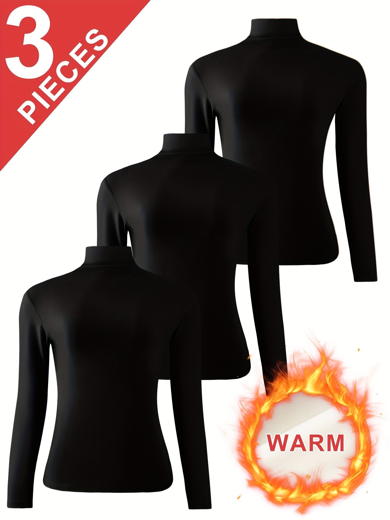 [3pcs Women'S Thermal Base Layer Tops] 3-Pack Women'S Thermal Base Layer Tops, Polyester Knit Warm Half-Turtleneck Shirts for Autumn and Winter