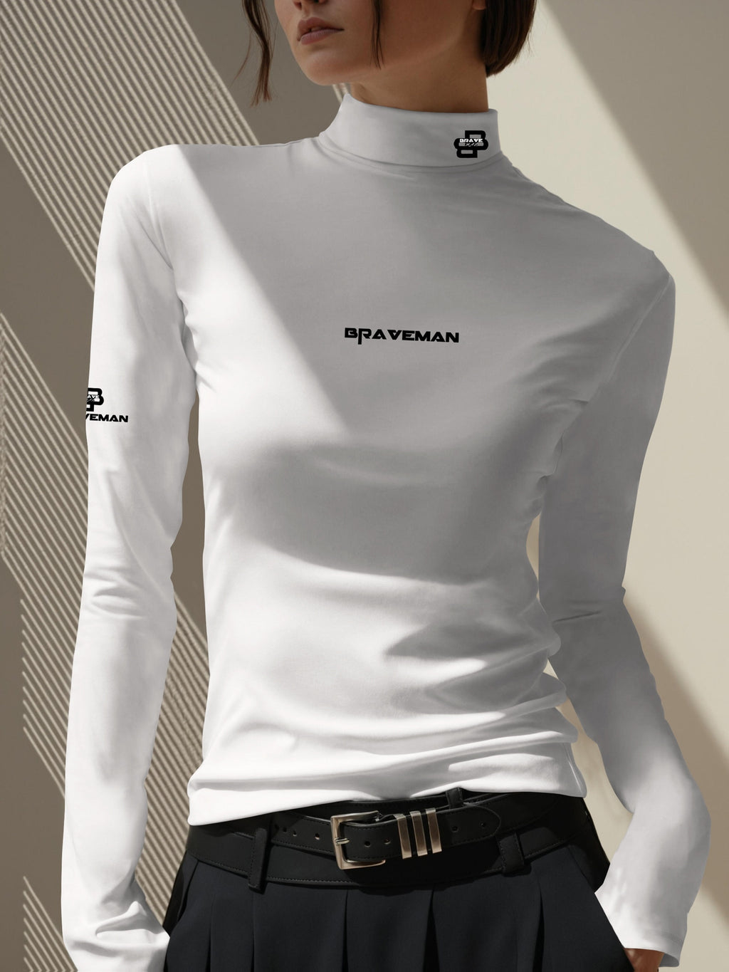 Women's Thermal Turtleneck Sweater Shirt - Long Sleeve White Base with Black Collar & B-Fit Logo Print, Slim-Fit Winter Layering Top, Hand Washable Stretchy -like Texture for Office, Casual & Cold Weather (No Bulk)