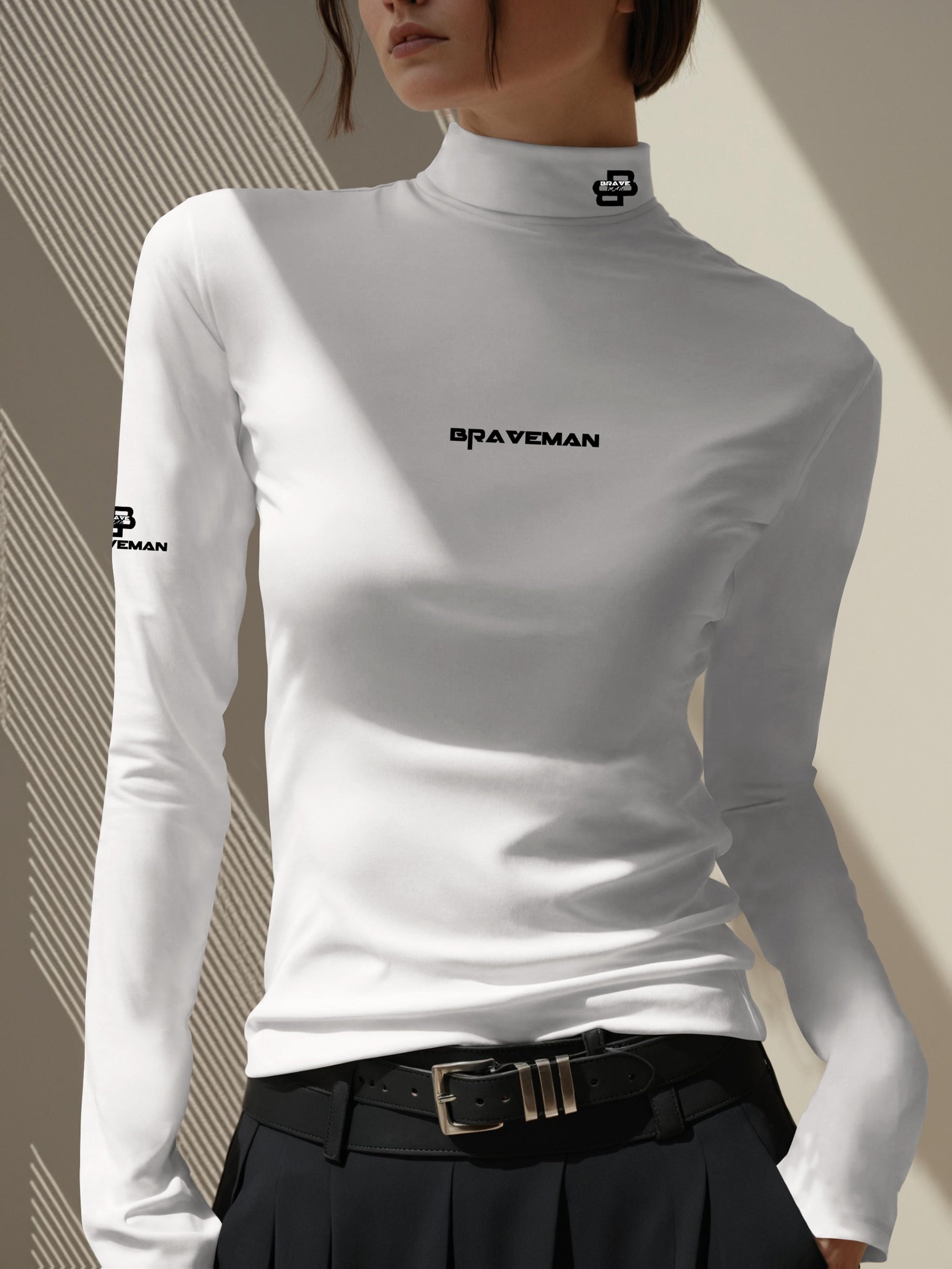 Women's Thermal Turtleneck Sweater Shirt - Long Sleeve White Base with Black Collar & B-Fit Logo Print, Slim-Fit Winter Layering Top, Hand Washable Stretchy -like Texture for Office, Casual & Cold Weather (No Bulk)