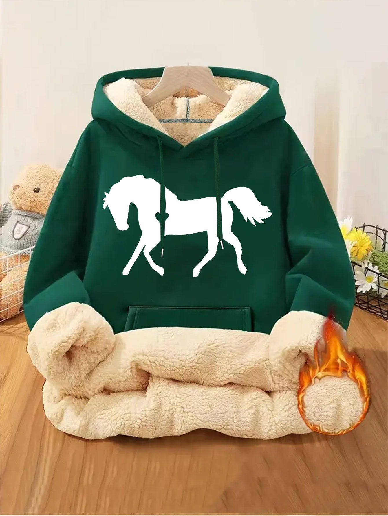 Women's Horse Print Hoodie Jacket - Pocket & Adjustable Hood, Cozy Winter Warm Pullover, Casual Long Sleeve Sizes XS-XXL (Machine Washable) - Fall & Winter Outerwear for Horseback Riding & Casual Attire