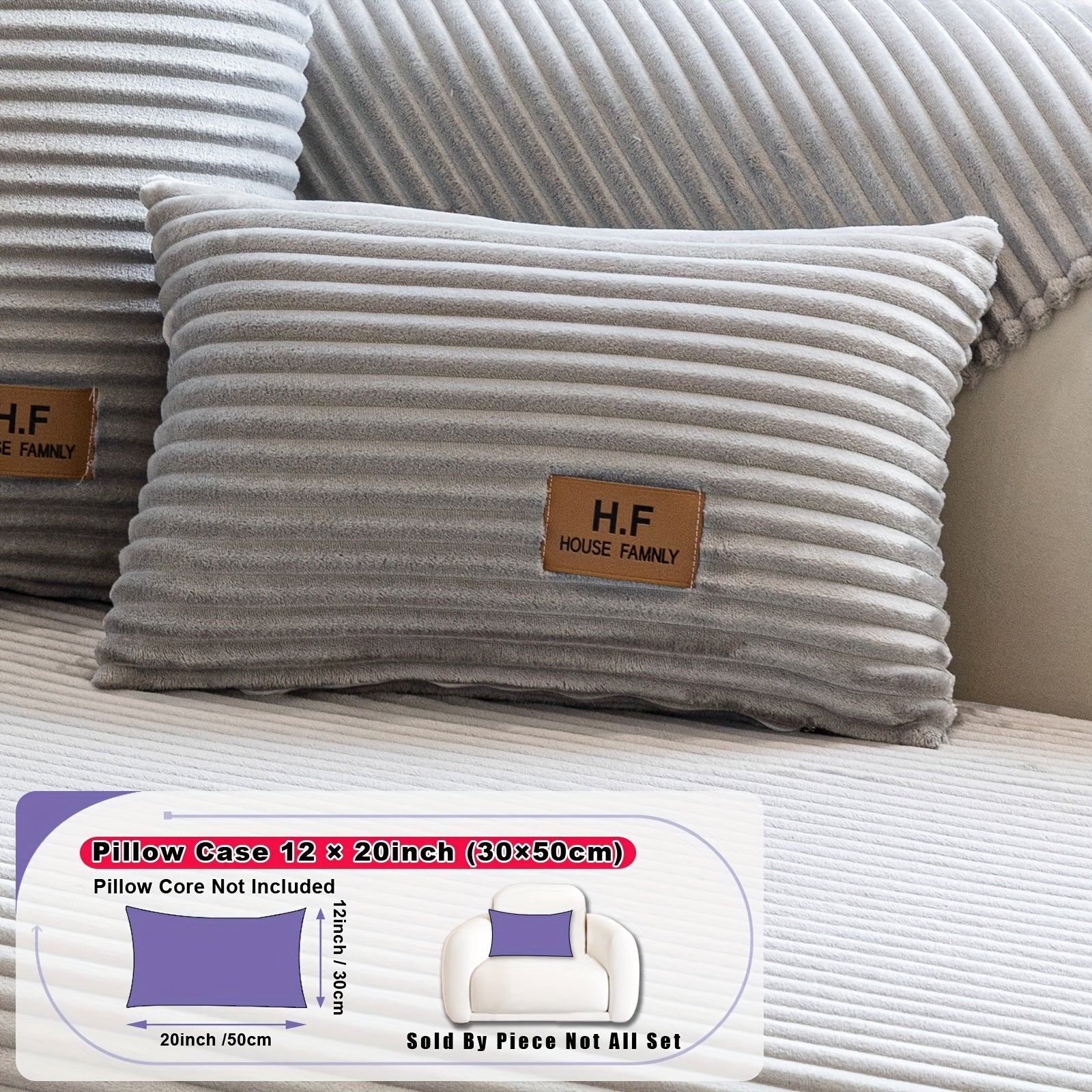 1pc HF Modern Plush Flannel Sofa Cushion Cover - Pet-Friendly Non-Slip Sofa Protector with Striped Design & Leather-Like Patches, Machine Washable Furniture Cover for 3/2/4-Seater, Living Room, Bedroom, Office Decor, Bedroom