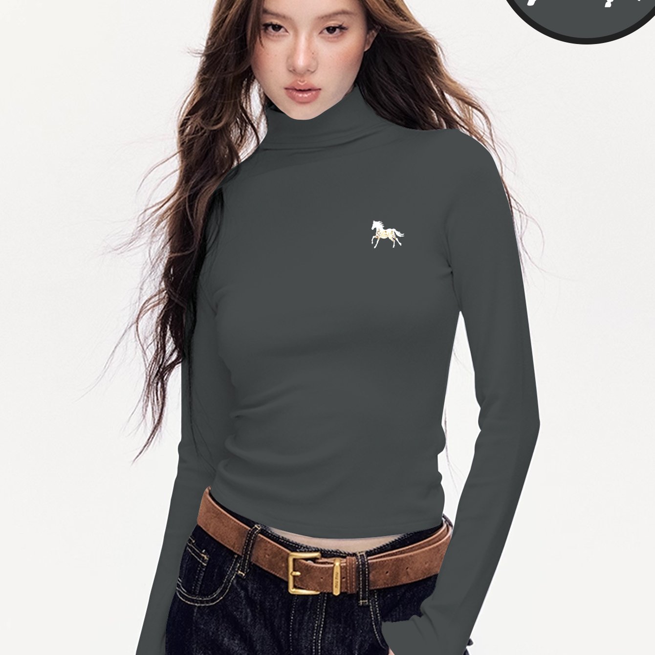 Women'S Elegant Half-Turtleneck Long Sleeve T-Shirt - Soft Fleece-Like Fabric, Black with White Horse Silhouette & Golden Accents, Machine Washable, Versatile Casual & Formal Wear, Winter Warmth, 2025 Autumn Winter Essential,