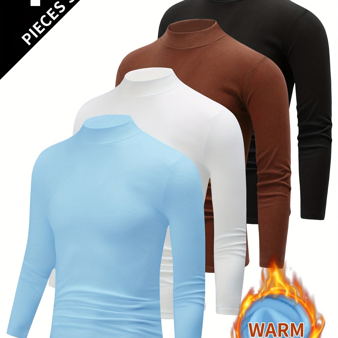 4pcs Men's Thermal Base Layer Long Sleeve Round Neck T-Shirts - Solid Color Warm Winter Layering Shirts, Casual Underwear for Cold Weather, Hand Washable (Bulk Pack for Easy Organization) - Compatible with Jeans & Dress Pants