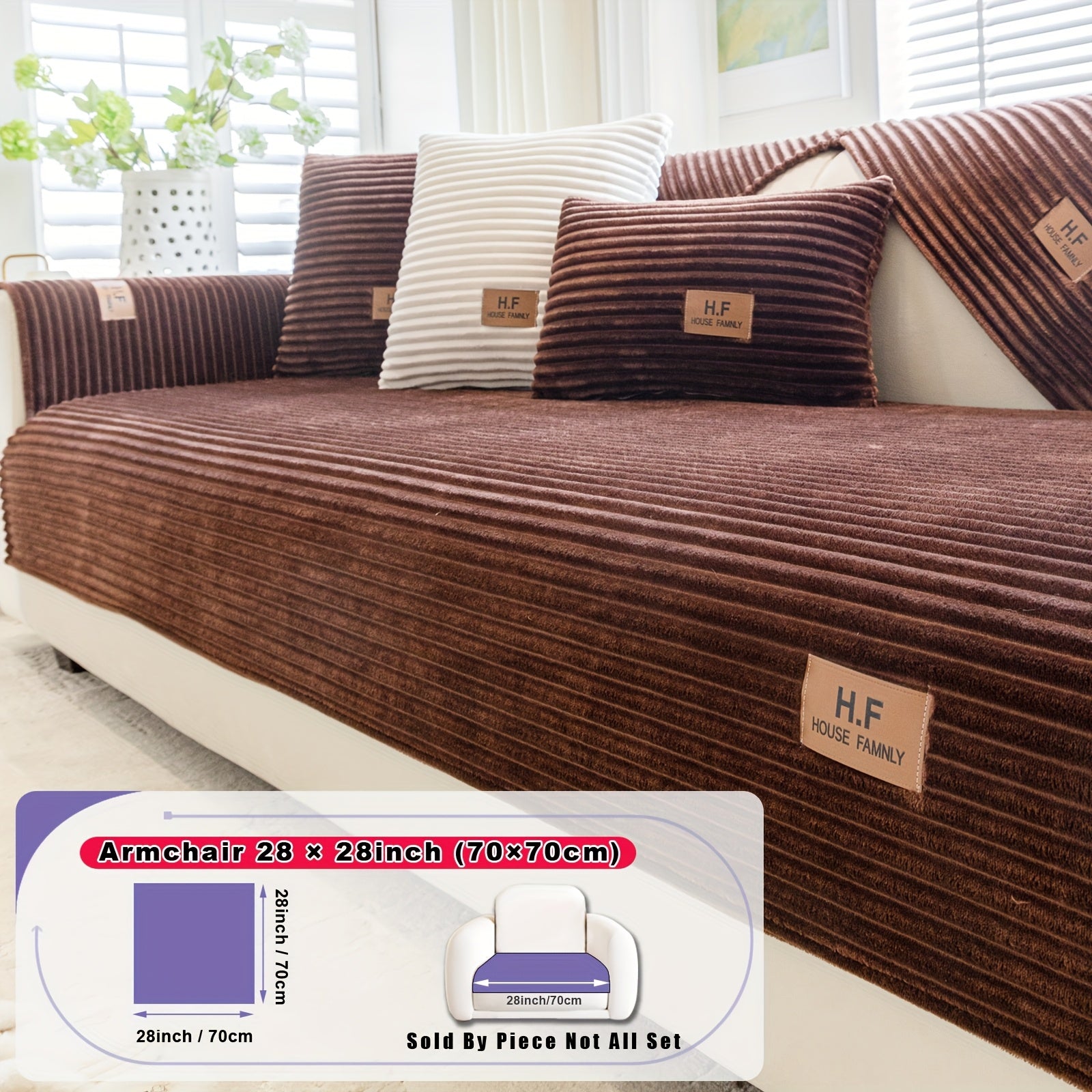 1pc HF Modern Plush Flannel Sofa Cushion Cover - Pet-Friendly Non-Slip Sofa Protector with Striped Design & Leather-Like Patches, Machine Washable Furniture Cover for 3/2/4-Seater, Living Room, Bedroom, Office Decor, Bedroom