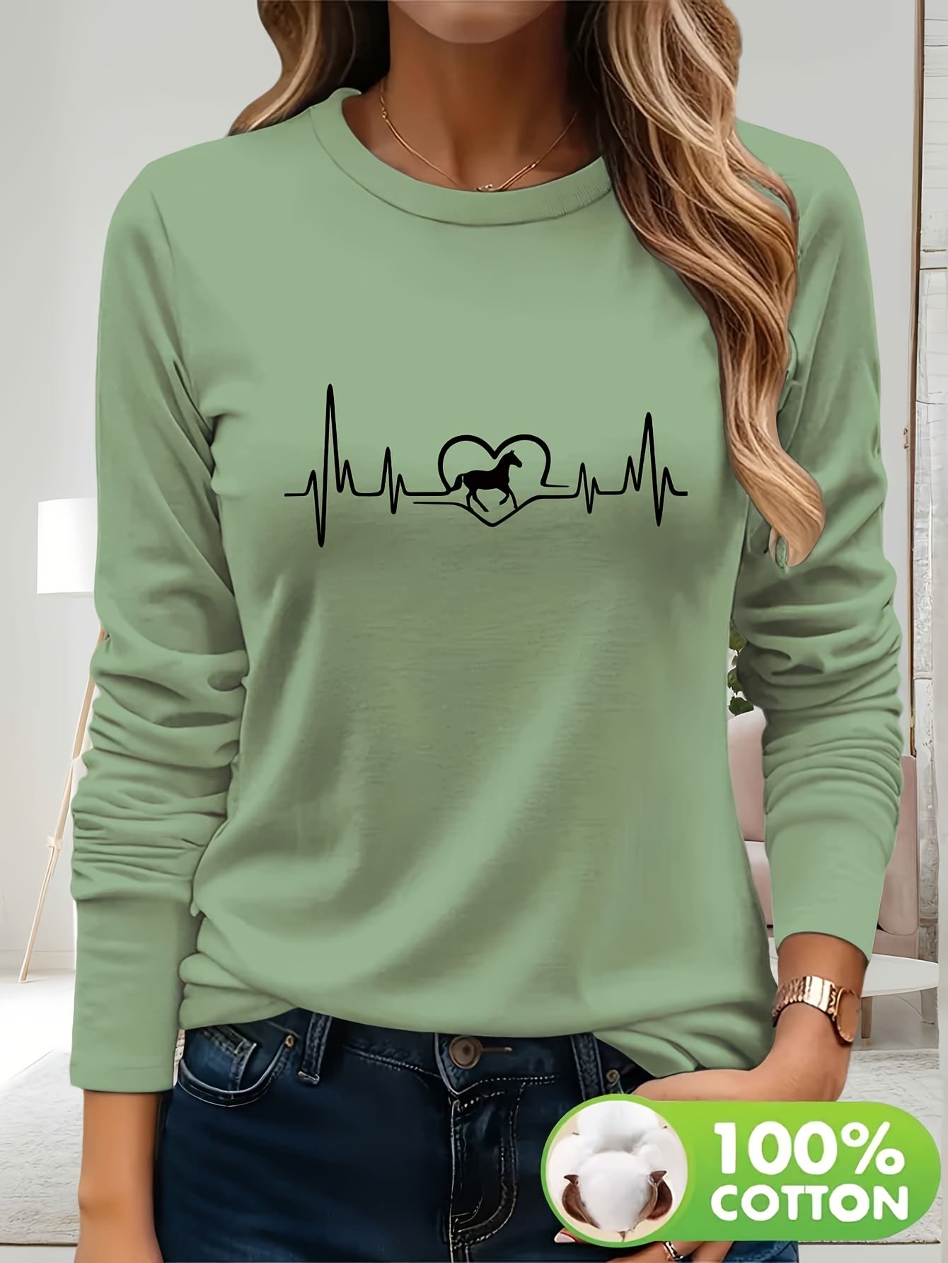 Women's 100% Cotton Long Sleeve T-Shirt - Heartbeat & Galloping Horse Graphic Print, Light Yellow Casual Round Neck Top for Spring/Summer, Machine Washable, Spring Summer Apparel, Unique Graphic Tee, Breathable Fabric, Spring