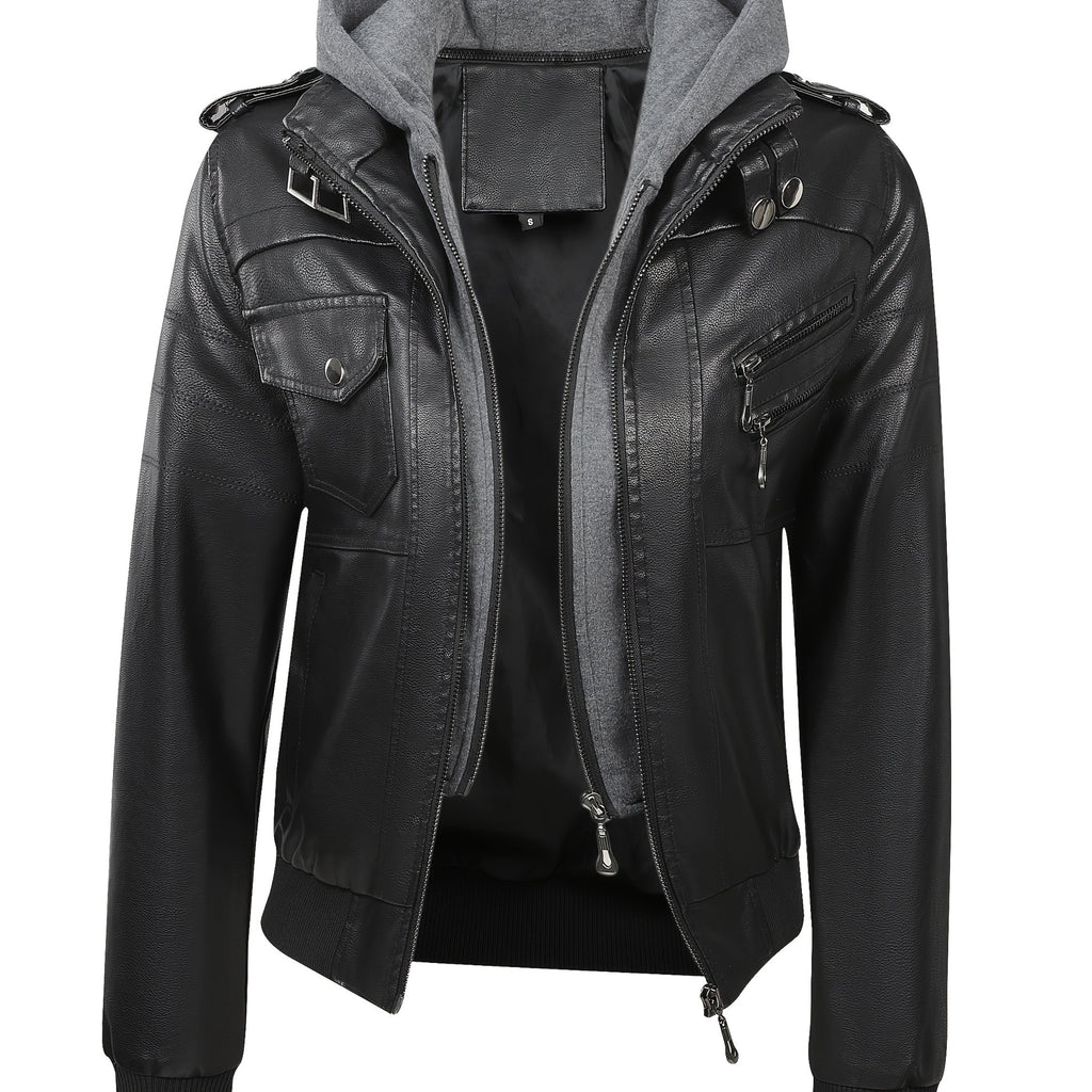 PUPU Women's Retro Leather Jacket - Black Long Sleeve Zipper Front Jacket with Pockets, Machine Washable Casual Outerwear for All Seasons