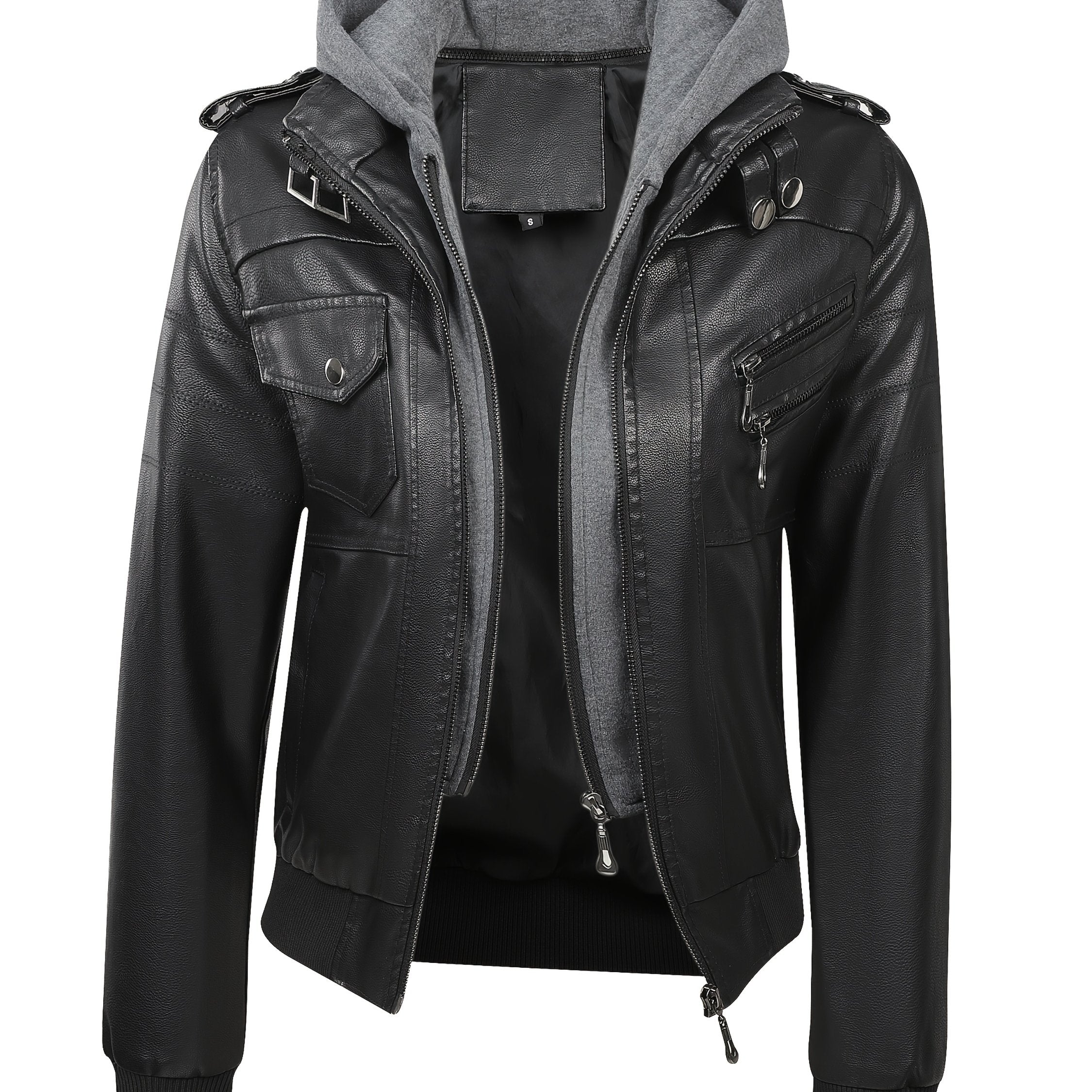 PUPU Women's Retro Leather Jacket - Black Long Sleeve Zipper Front Jacket with Pockets, Machine Washable Casual Outerwear for All Seasons