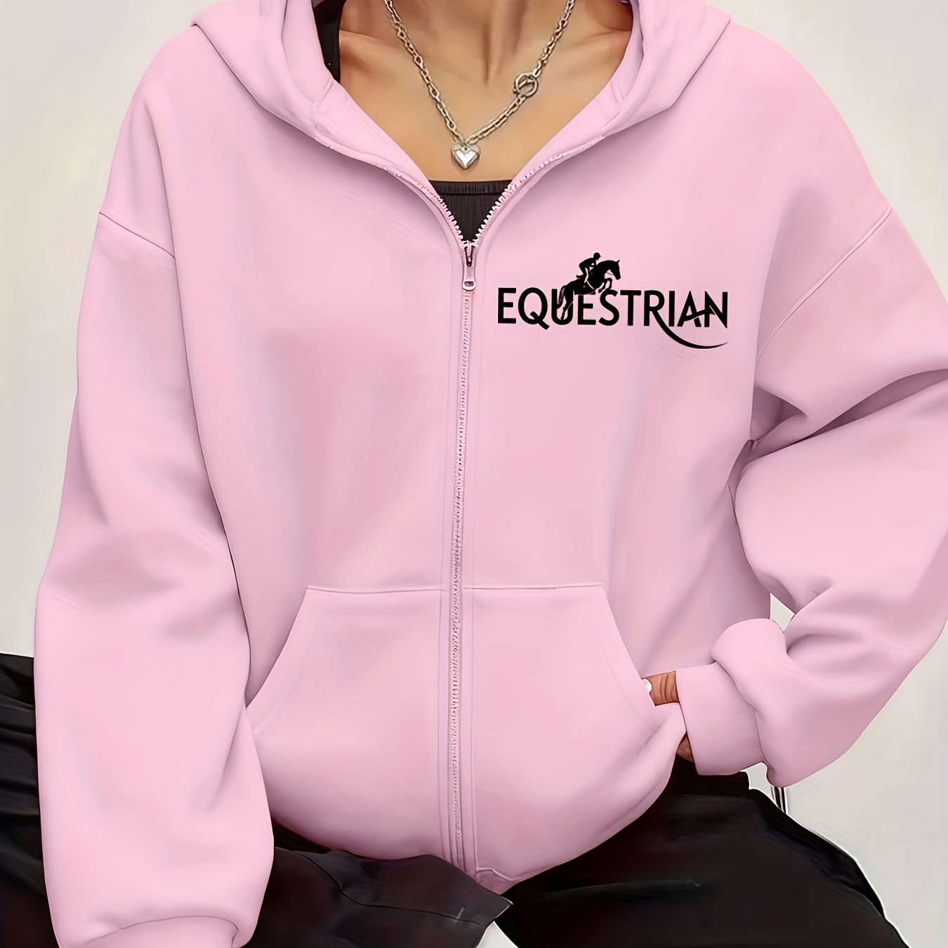 Women's Equestrian Print Hooded Zip-Up Jacket - Horse Head & Lettering Design, All-Season Casual Sportswear Coat, Machine Washable Relaxed Fit Outerwear for Horseback Riding & Everyday Use