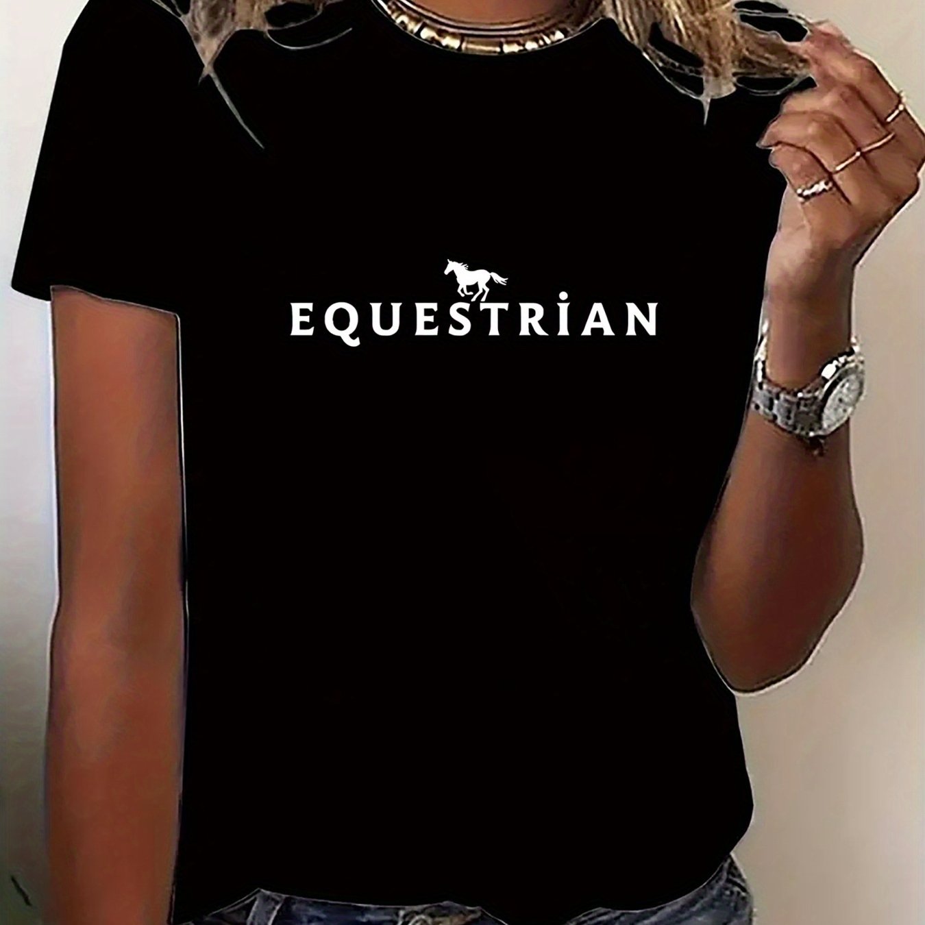 Women'S Equestrian Graphic T-Shirt - Black with Bold Equestrian Text - Stretchy Comfort Fit Horseback Riding Tee for Women - All-Season Casual Everyday & Riding Apparel - Equestrian Clothing, Horse Tshirt, Round Neckline Shir
